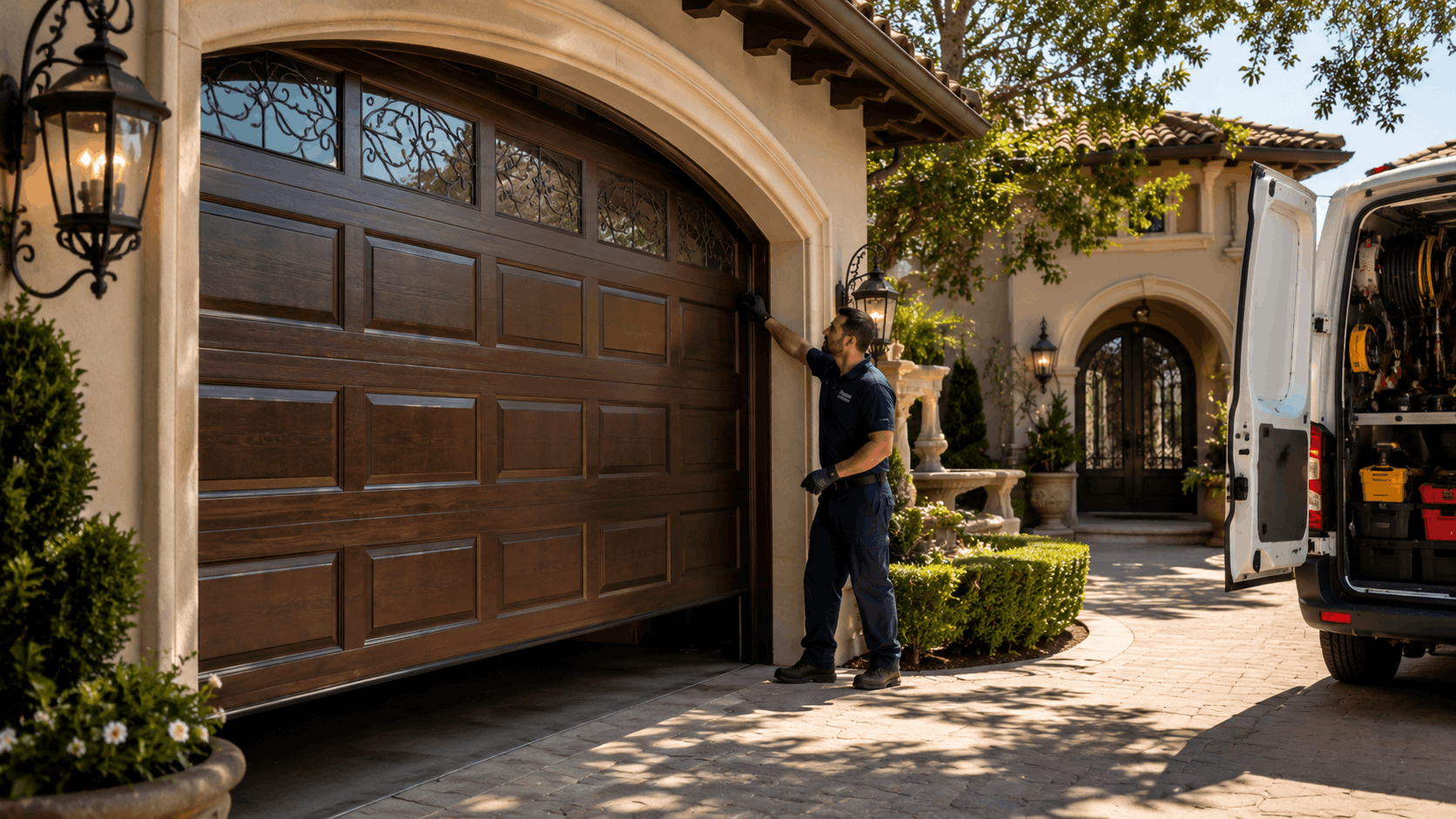 Garage door technician inspecting ornate wood panel garage door at luxury Irvine home