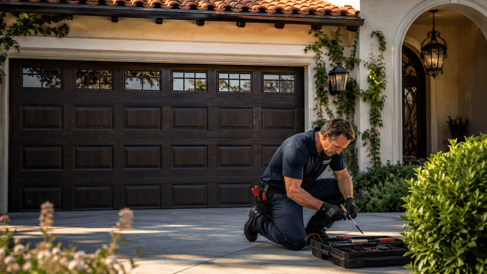 Garage door technician kneeling on driveway with toolbox servicing Irvine home