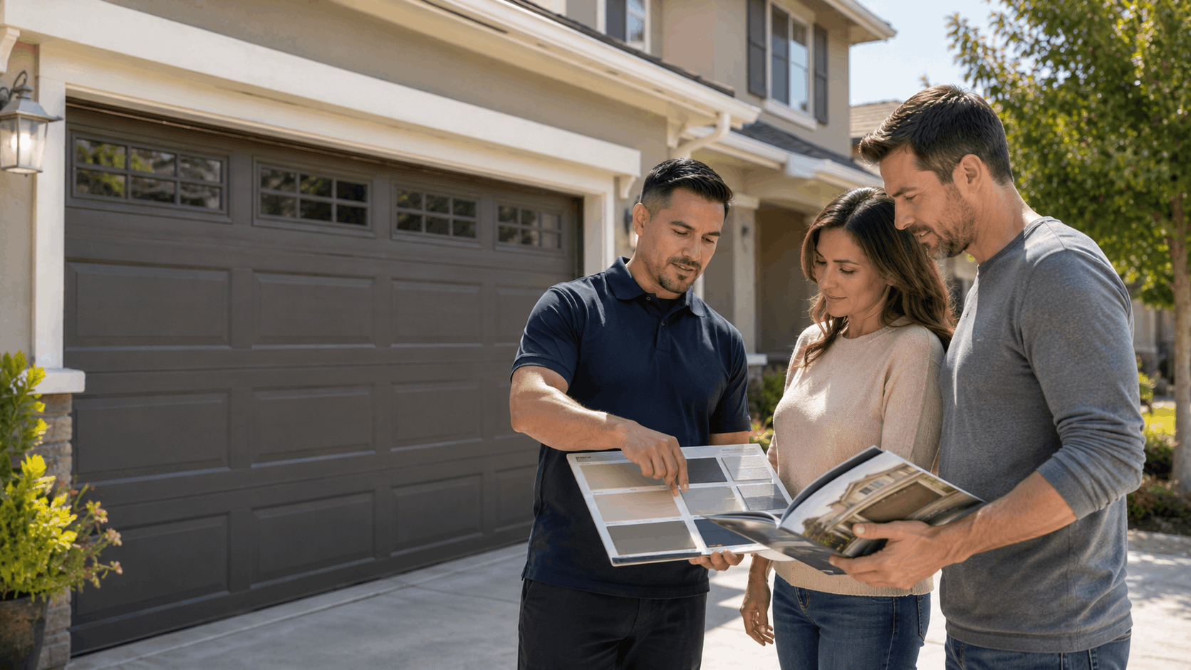 Garage door contractor showing color samples to homeowners in Irvine driveway