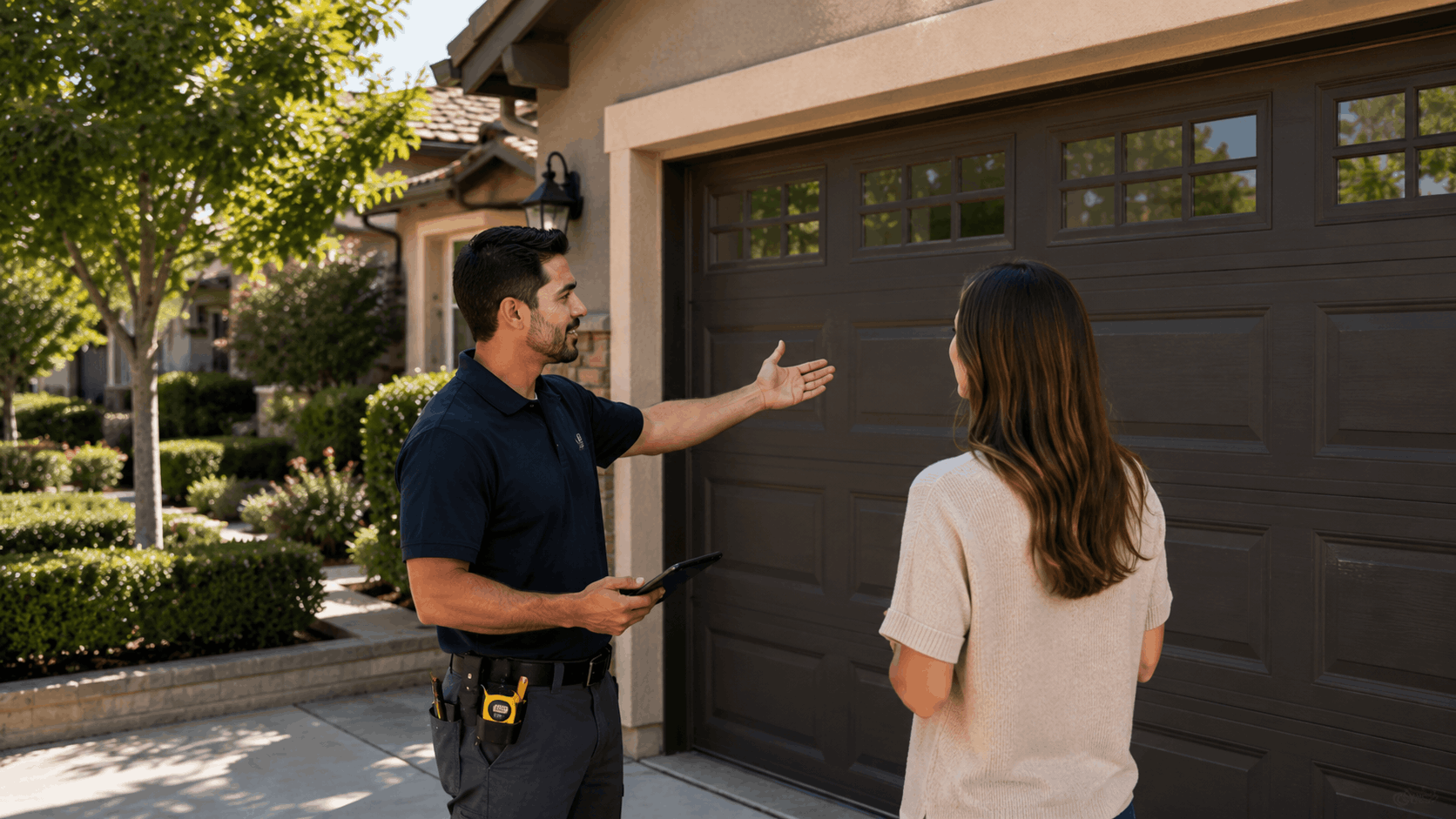 Garage door technician discussing color options with Irvine homeowner at residential property