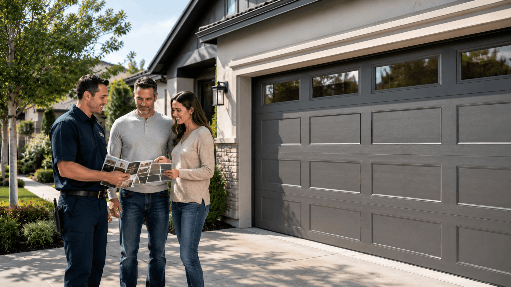 Garage door contractor showing HOA approval brochure to Irvine homeowners outside modern home