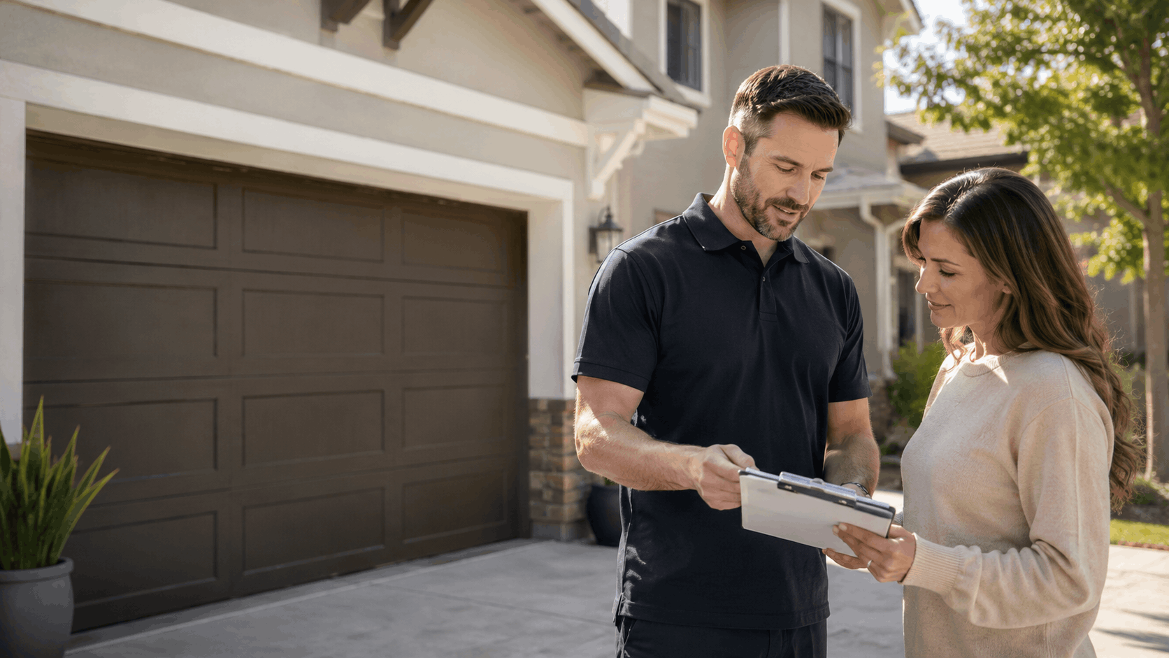 Garage door technician reviewing repair estimate with Irvine homeowner on driveway clipboard