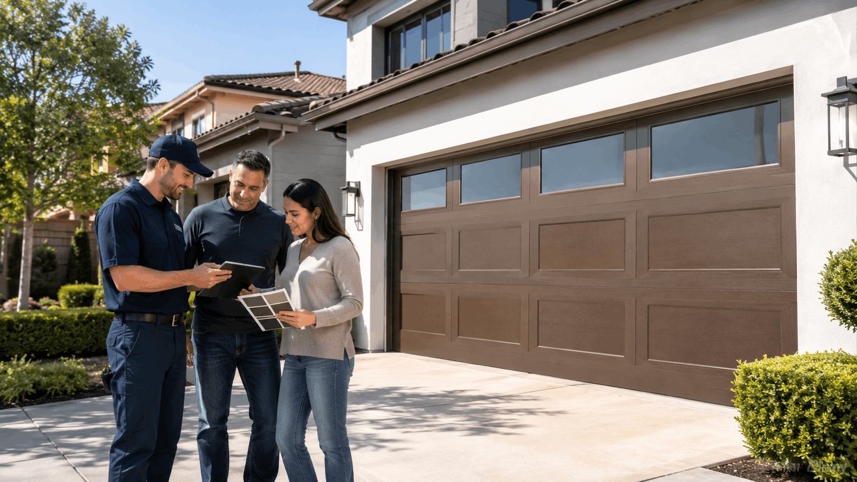 Garage door technician consulting with homeowners outside Irvine home reviewing service options