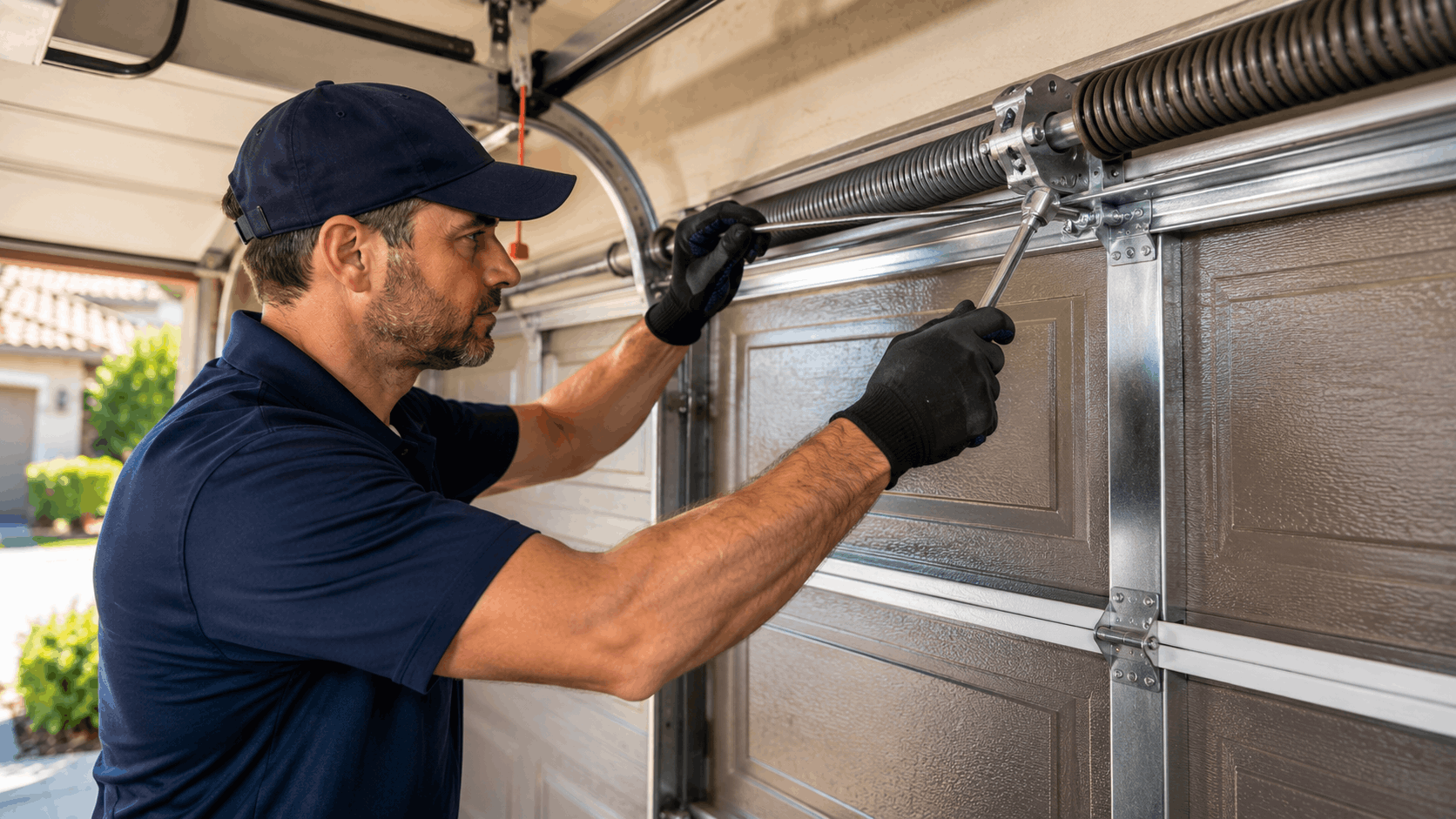 Professional technician repairing garage door torsion springs in Irvine residential home