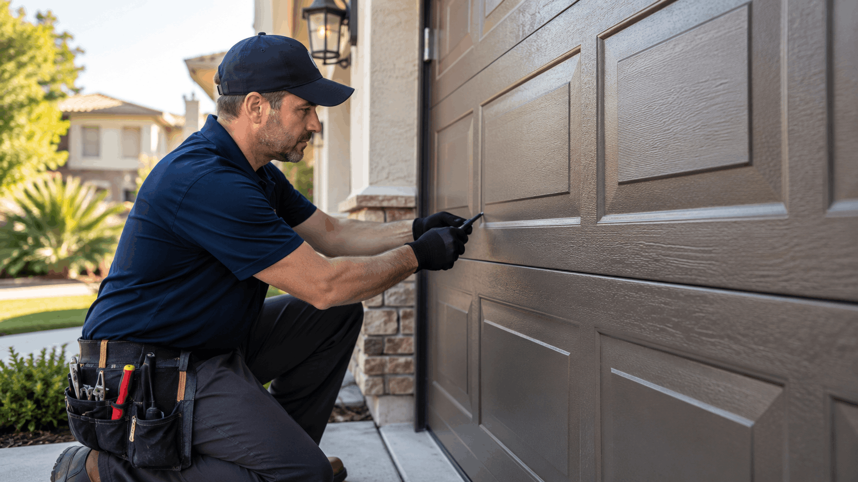 Garage door technician inspecting failing builder-grade garage door panel in Irvine neighborhood
