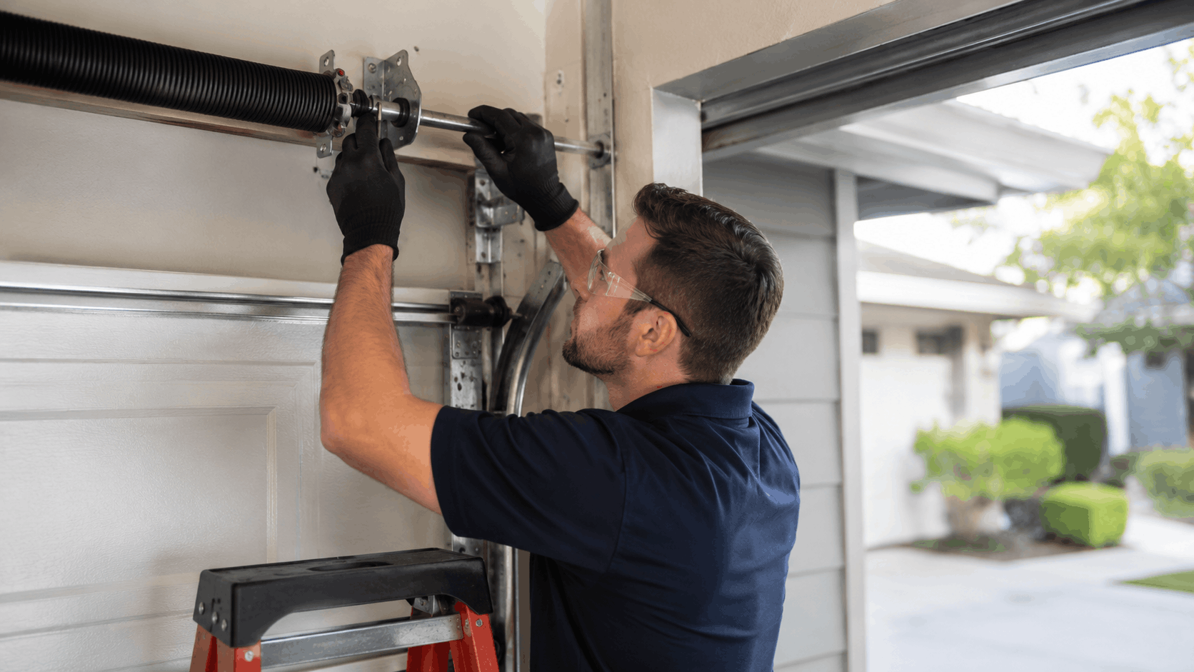 Garage door technician repairing torsion spring system on residential door in Irvine