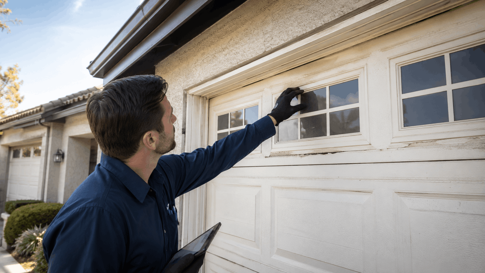 Technician inspecting builder-grade garage door windows during maintenance inspection in Irvine