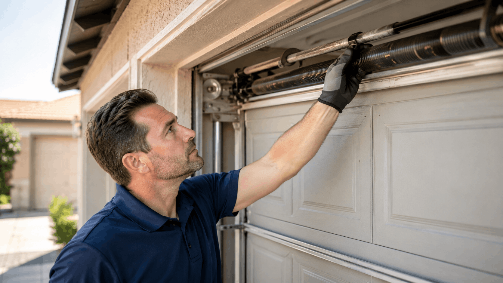 Technician inspecting garage door torsion springs during urgent repair service in Irvine