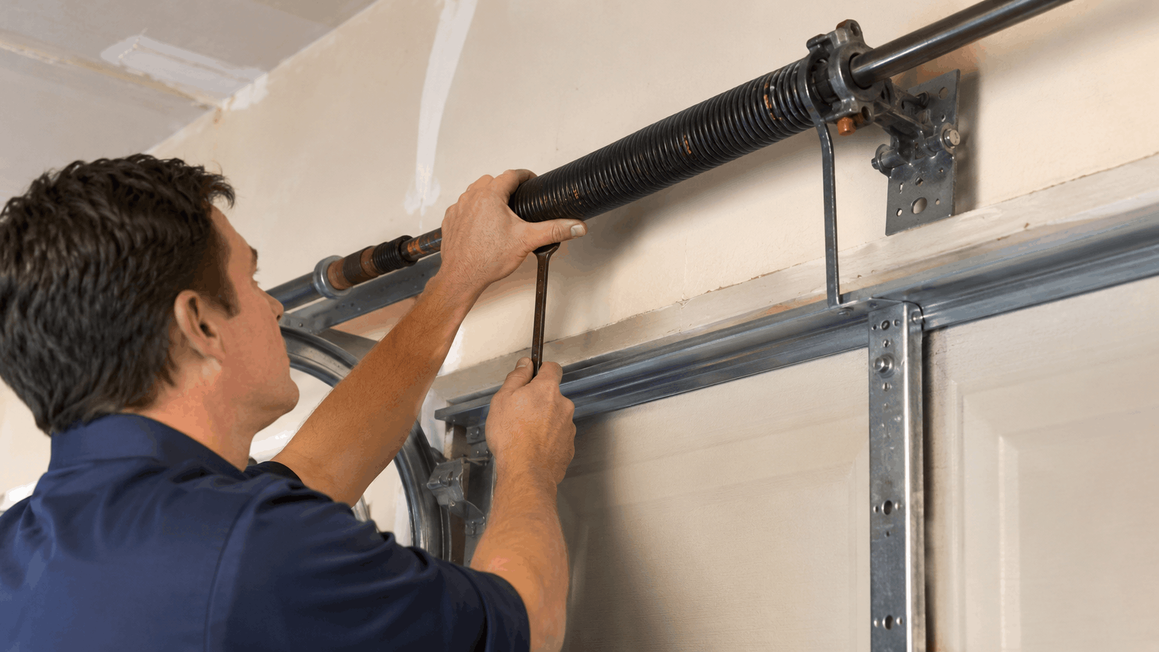 Technician adjusting garage door torsion spring with winding bar in Irvine home