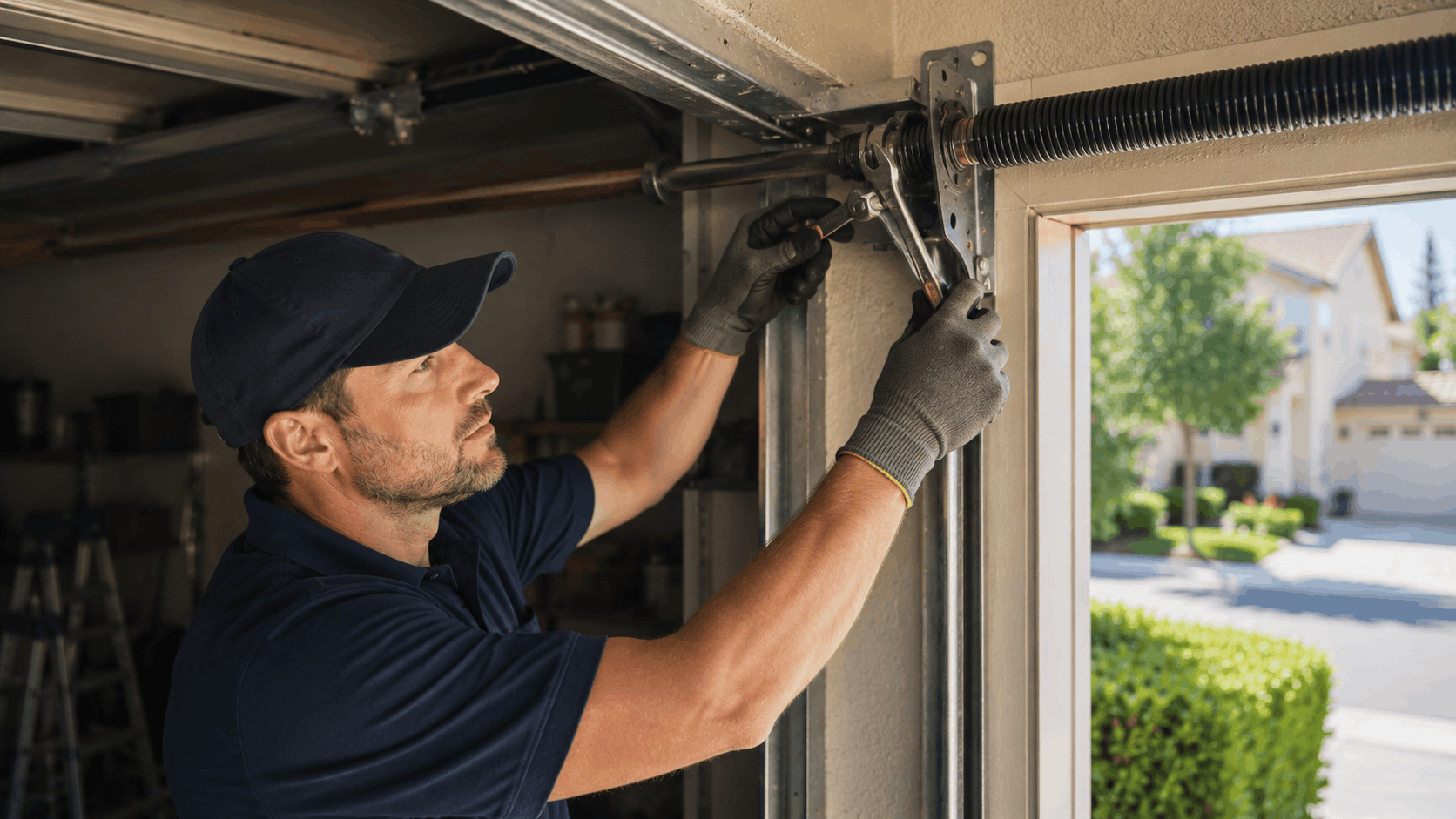 Technician repairing garage door spring and hinge hardware with gloved hands