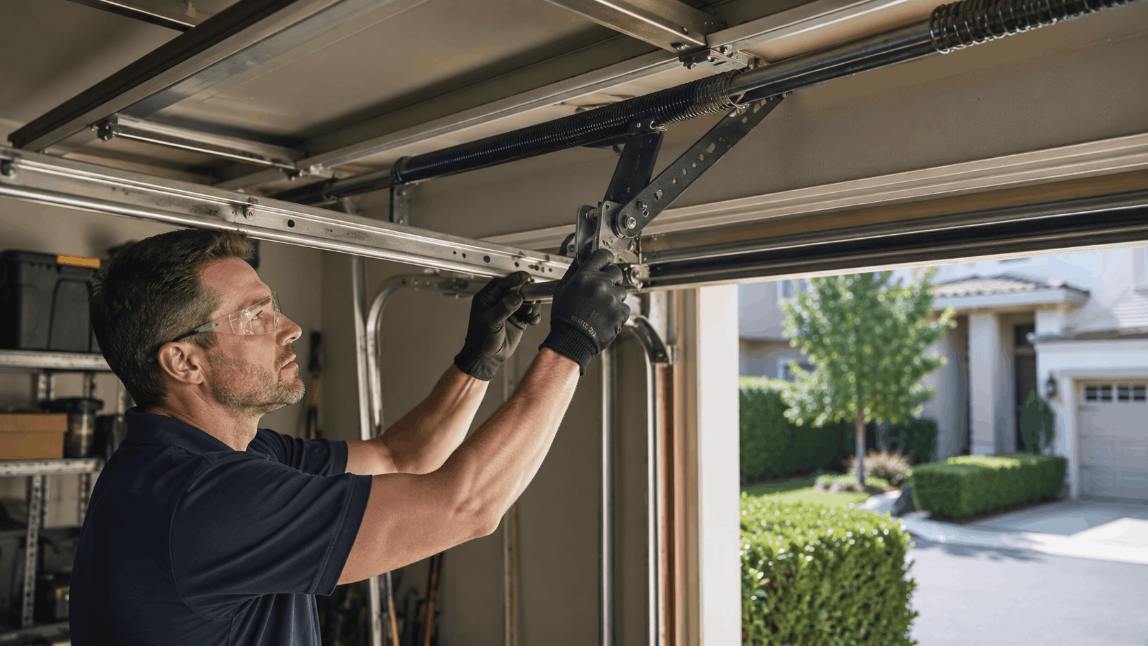 Technician repairing garage door springs and hardware in Irvine residential garage