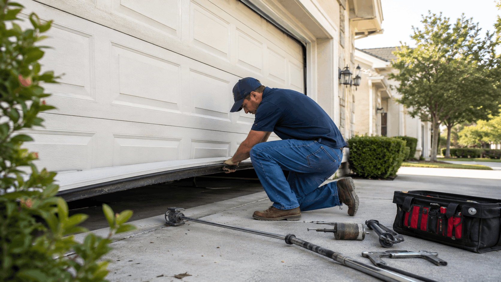 Garage door technician repairing bottom panel of residential white garage door Irvine