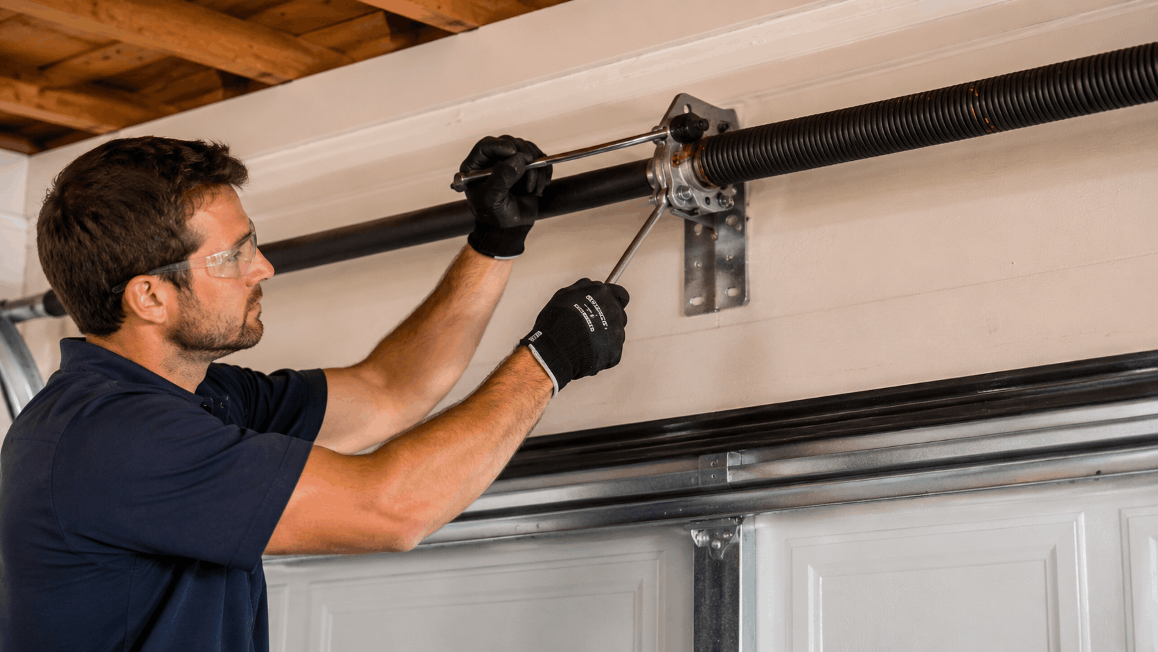 Professional technician adjusting garage door torsion spring with winding bars in Irvine