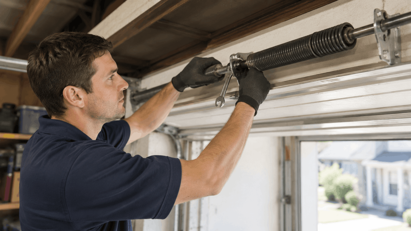 Technician in gloves adjusting garage door torsion springs with winding bars