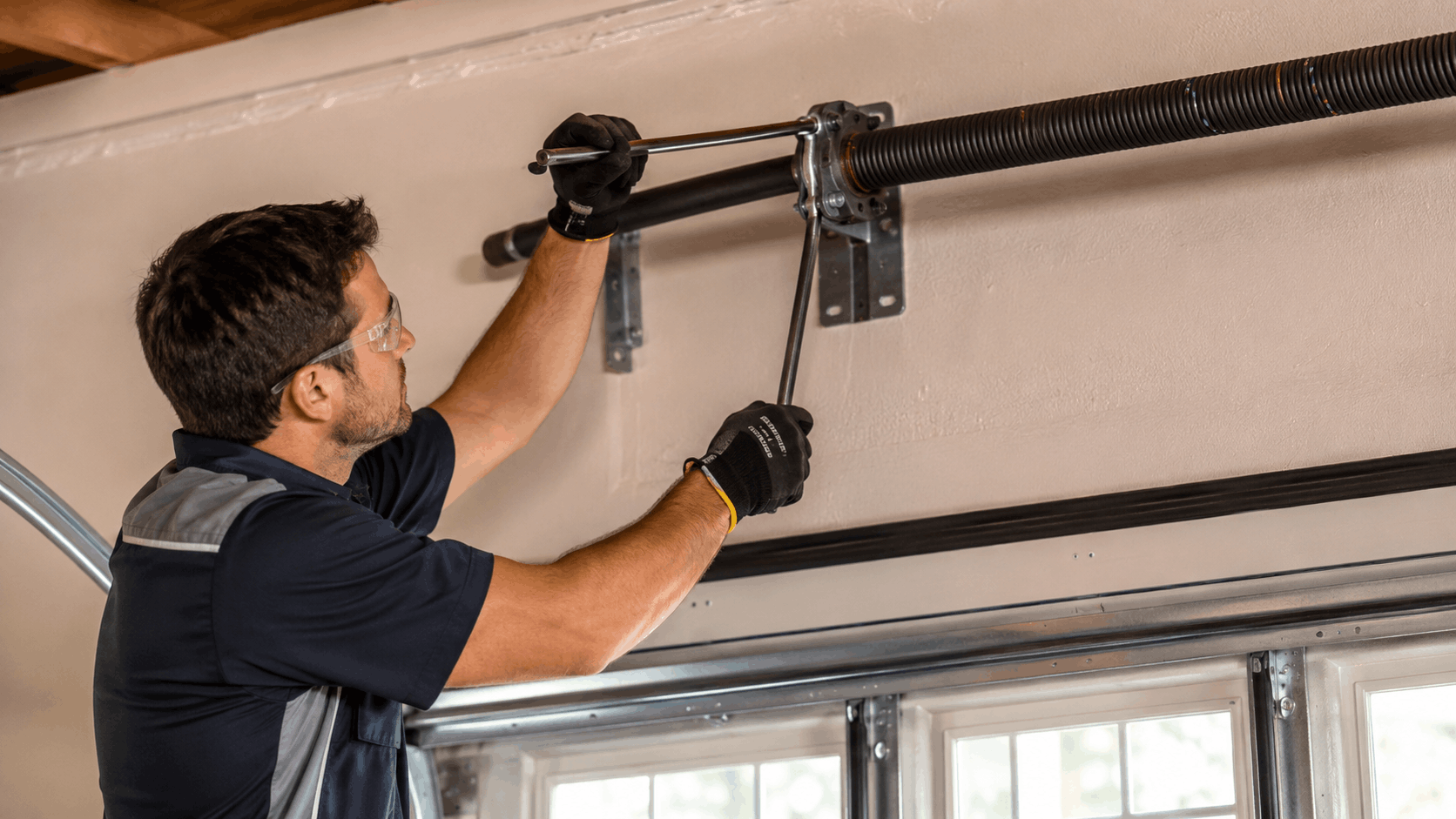Garage door technician adjusting torsion spring with winding bars in Irvine home