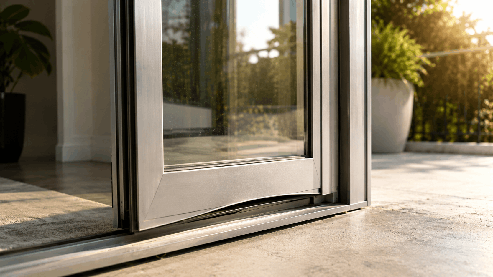 Close-up of aluminum sliding glass door track and frame in sunlight Irvine