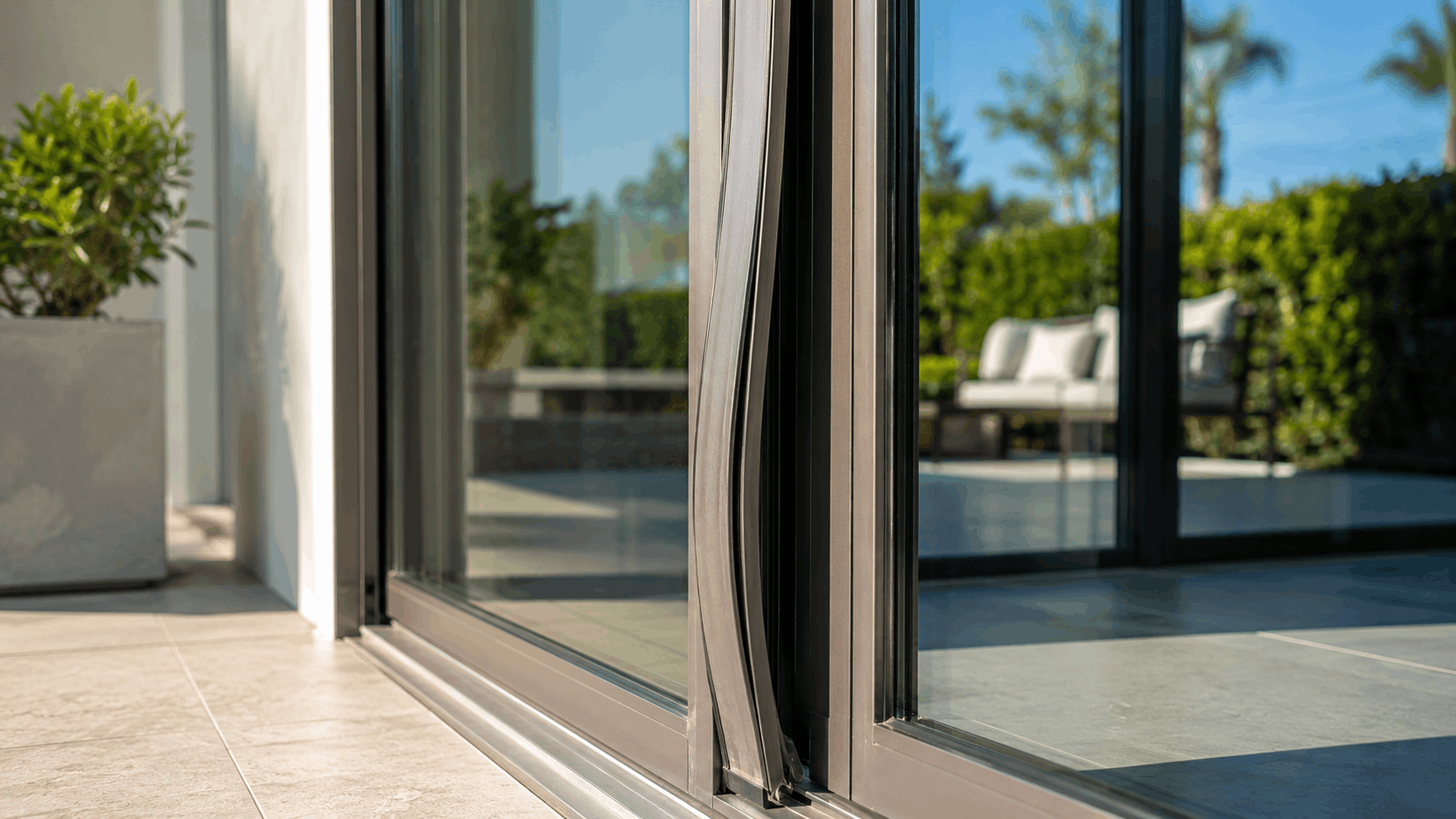 Close-up of modern sliding glass door frames showing slight warping in weatherstripping seals