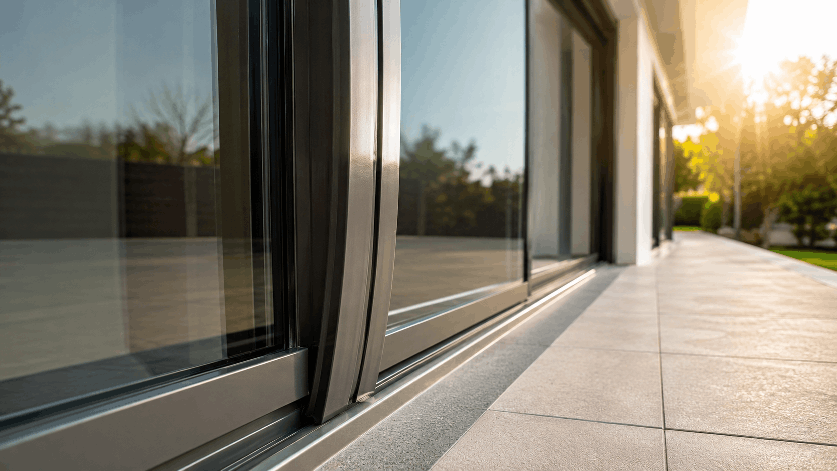 Modern sliding glass door track and aluminum frame on exterior patio in Irvine