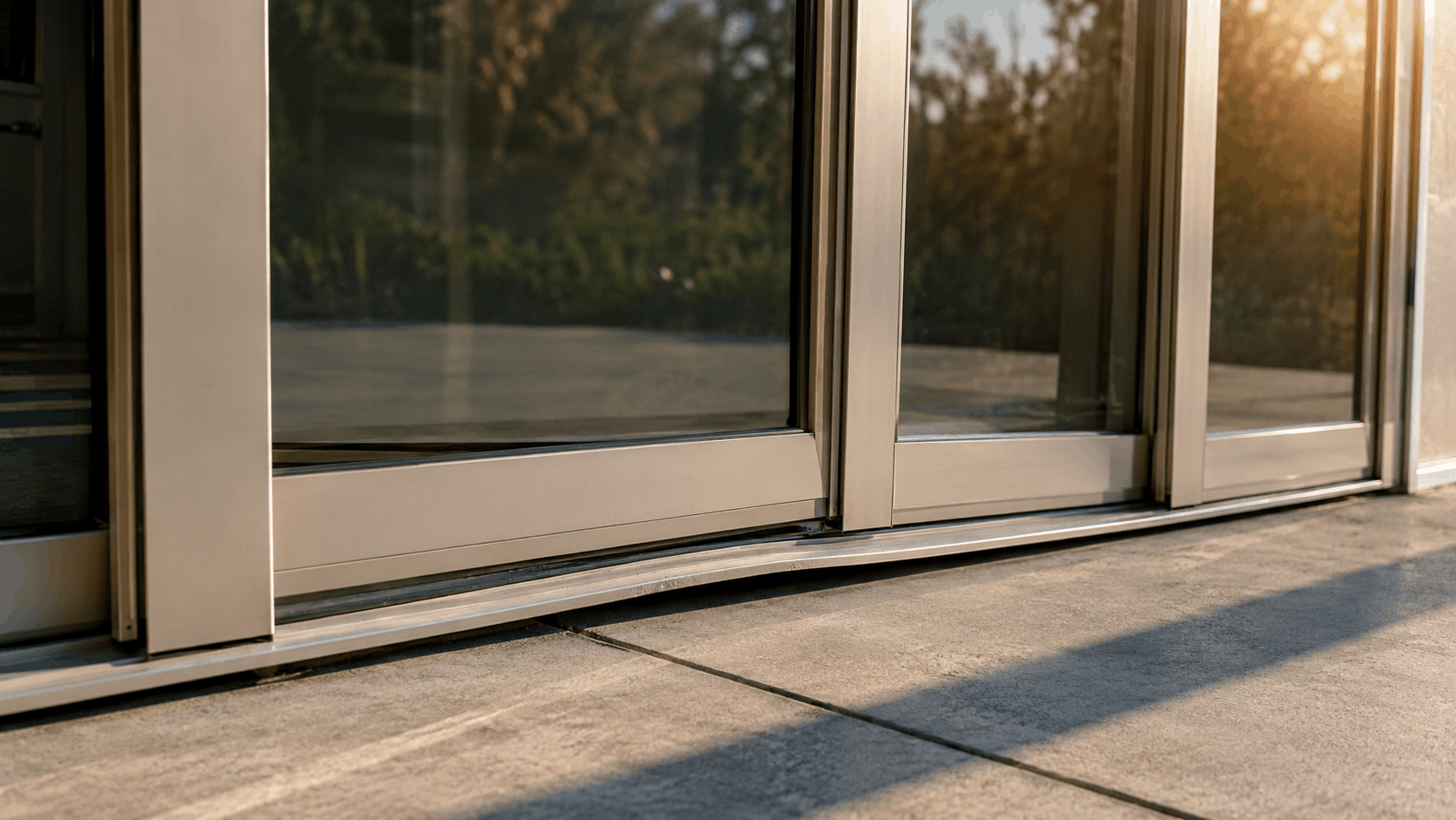 Close-up of modern aluminum sliding glass door track on stone patio