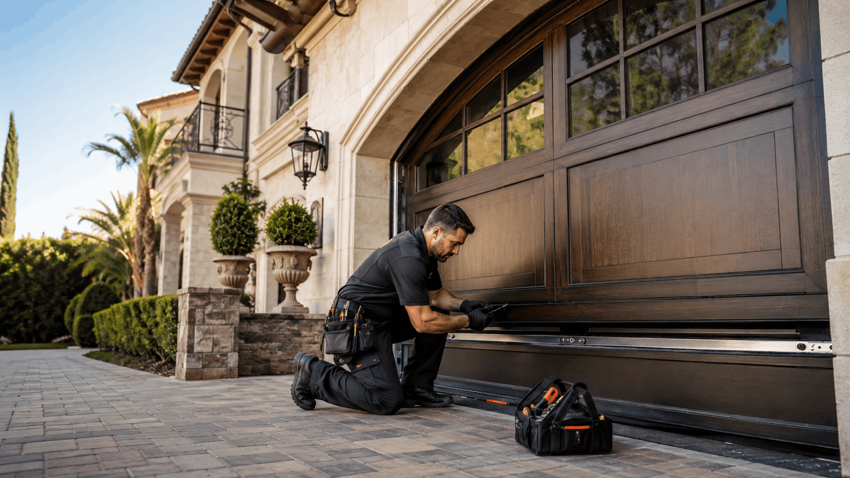 Garage door technician repairing luxury home garage door in Coto de Caza