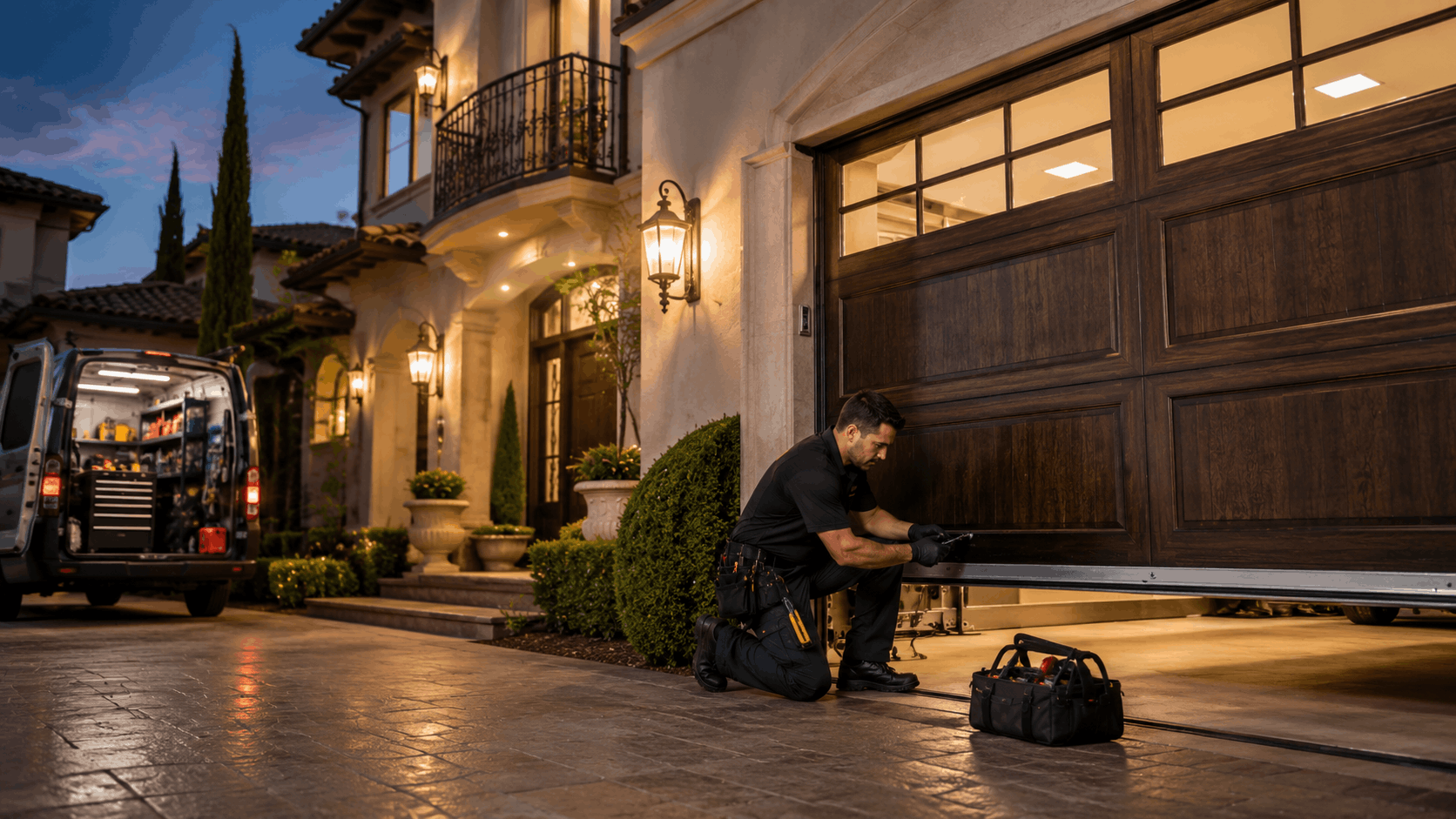 Garage door technician repairing luxury estate wooden garage door at dusk Irvine