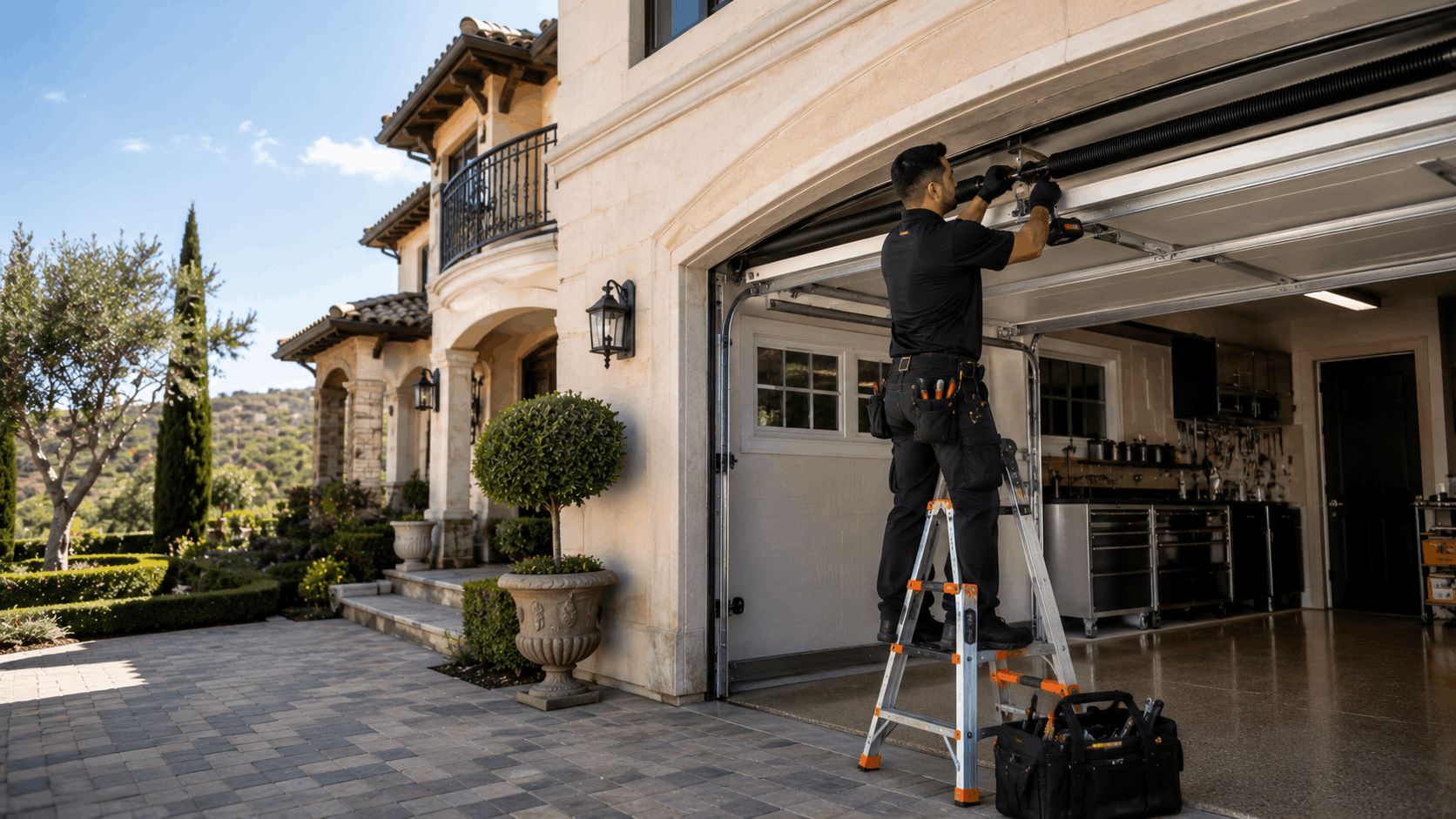 Garage door technician repairing springs and opener on luxury Irvine home