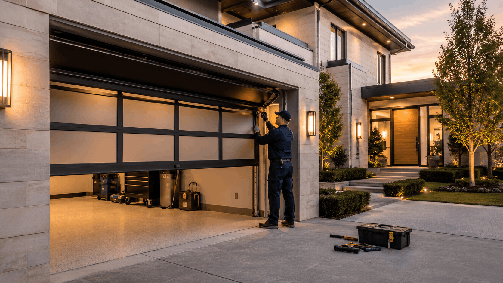 Garage door technician repairing modern sectional door on luxury Irvine home at dusk