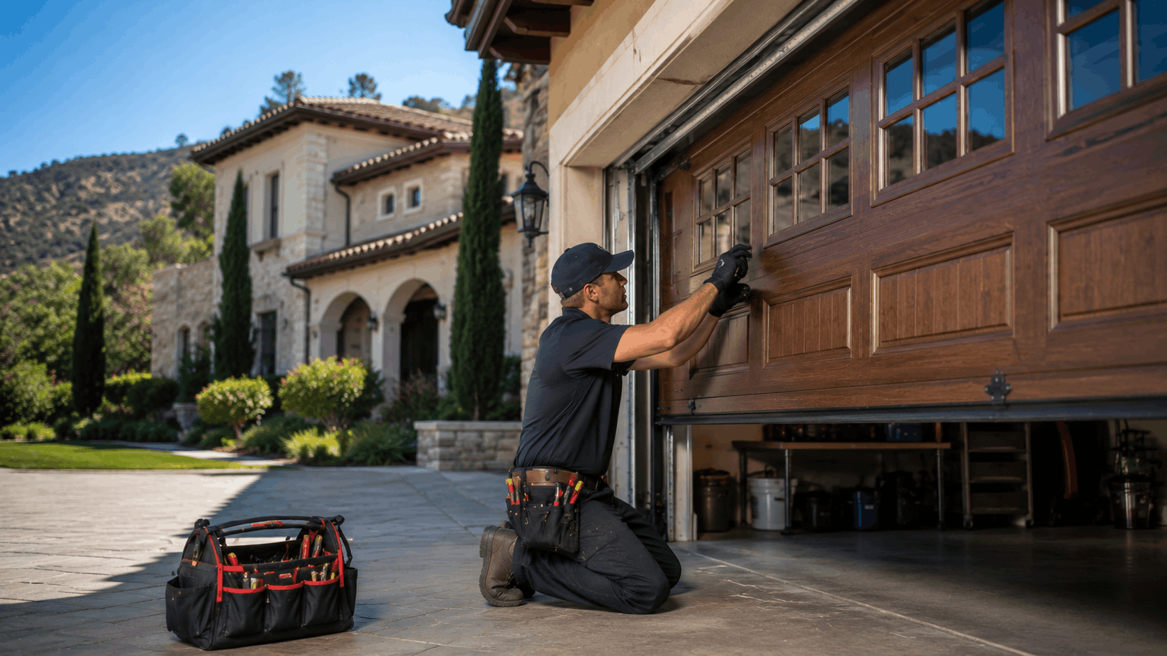 Garage door technician kneeling and repairing wooden garage door at Irvine luxury home