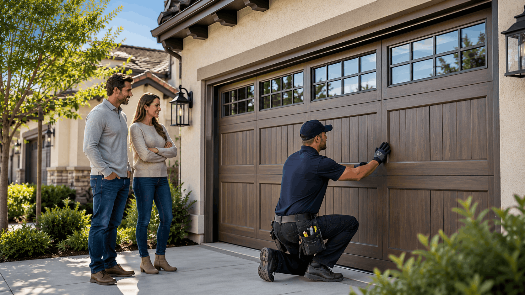 Garage door technician inspecting HOA-compliant wood-panel garage door with homeowners watching