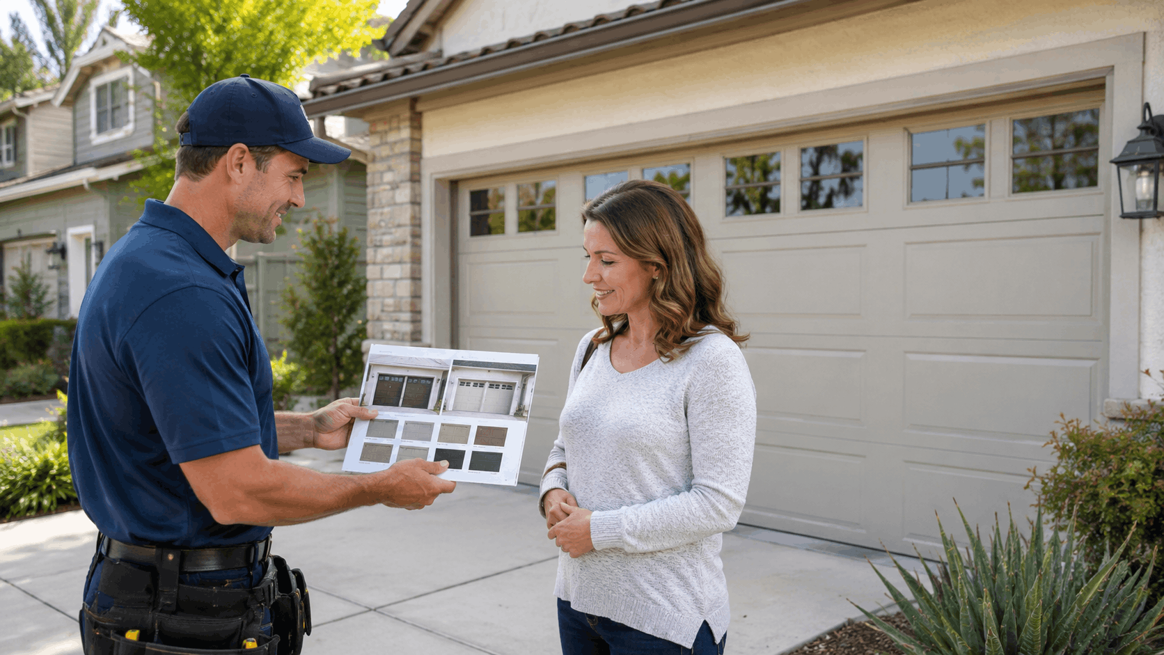 Garage door technician showing HOA-approved door material samples to Irvine homeowner