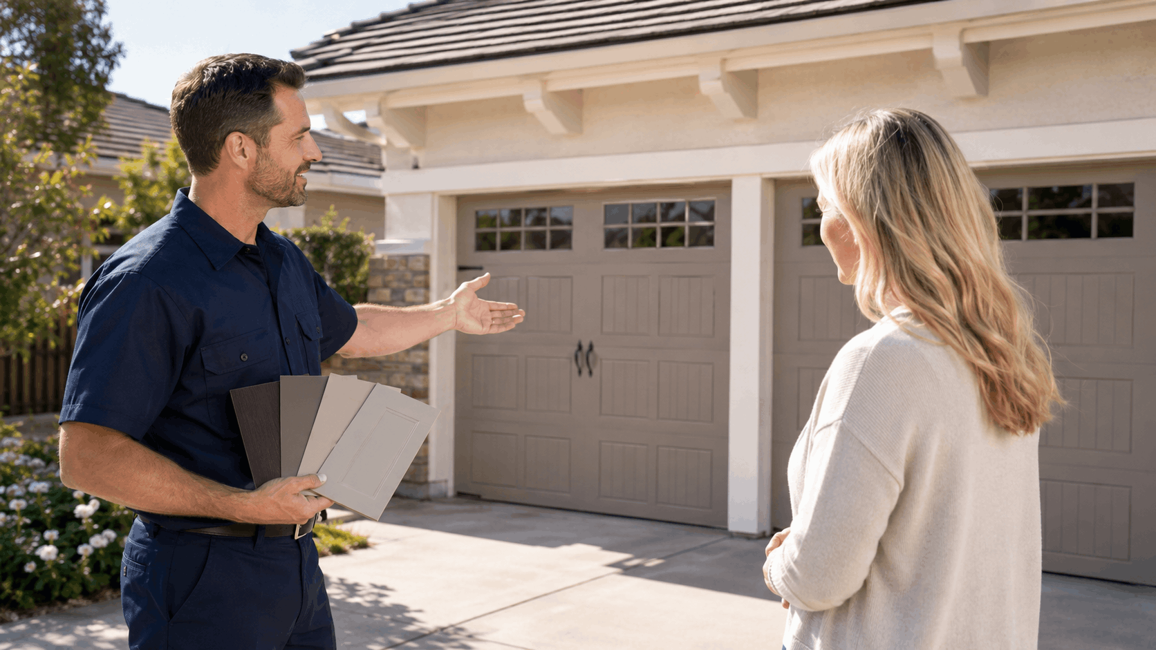 Garage door contractor showing color samples to homeowner outside Irvine residential property