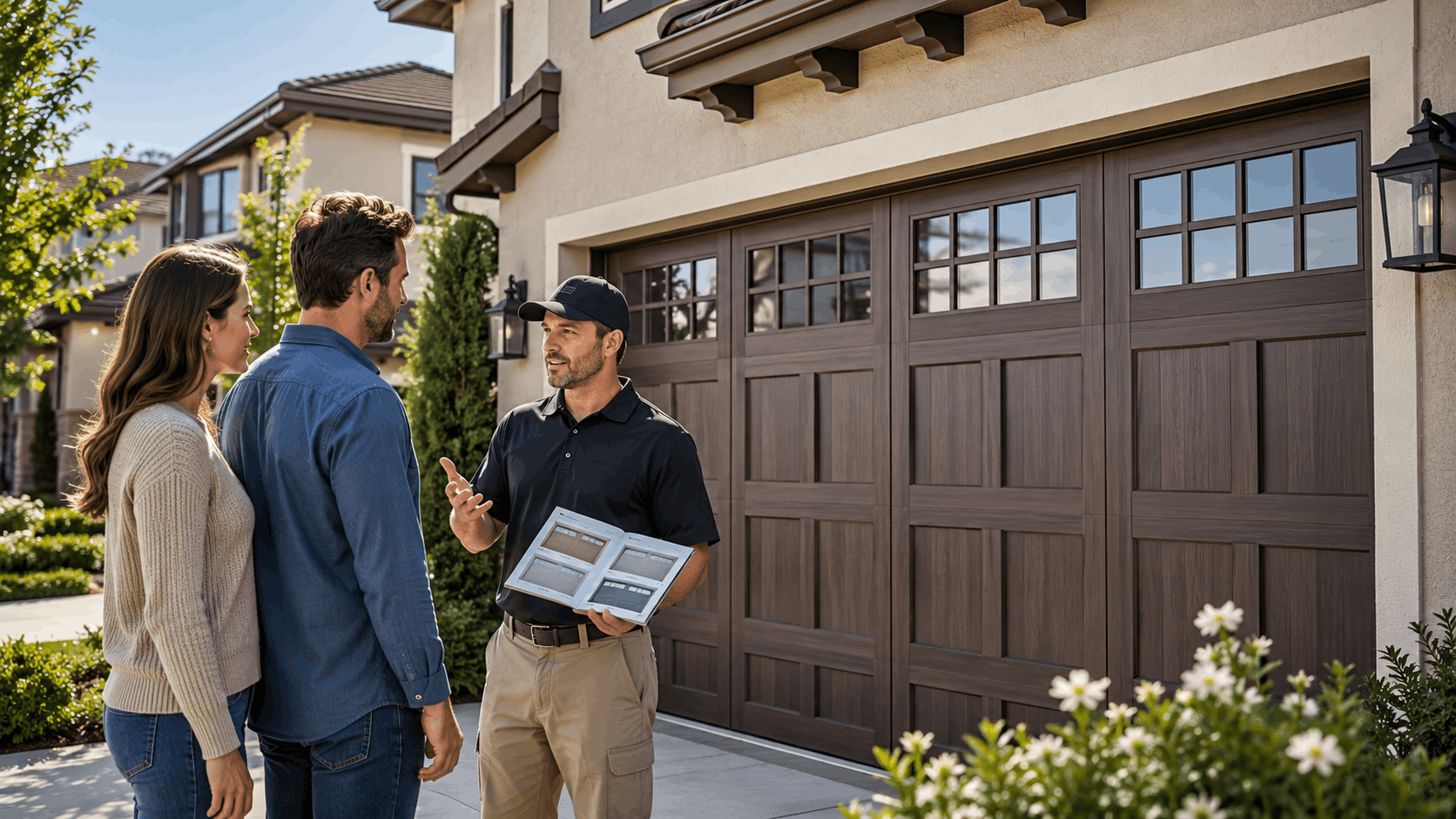 Garage door technician showing samples to homeowners outside Ladera Ranch home