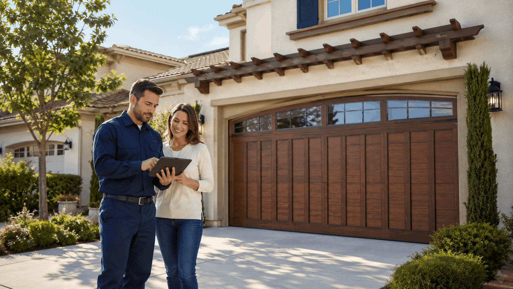 Garage door technician reviewing tablet with homeowner outside Irvine residence