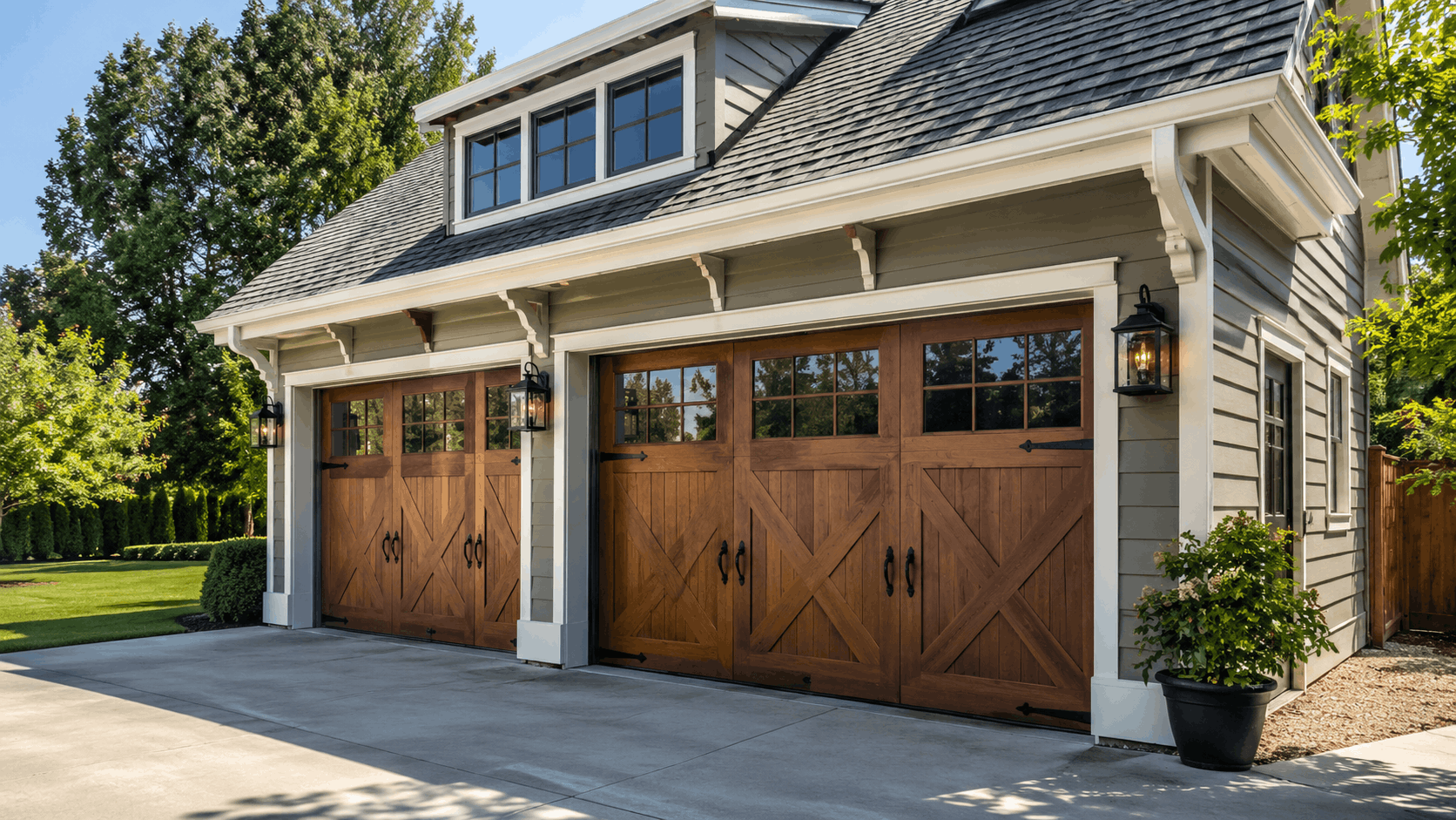 Carriage house garage doors with rustic wood X-brace design and black hardware Irvine home