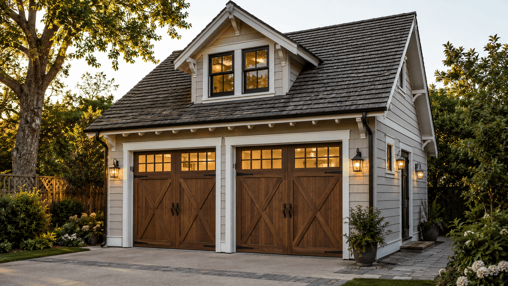 Craftsman-style two-car garage with premium wood barn doors and upper loft windows