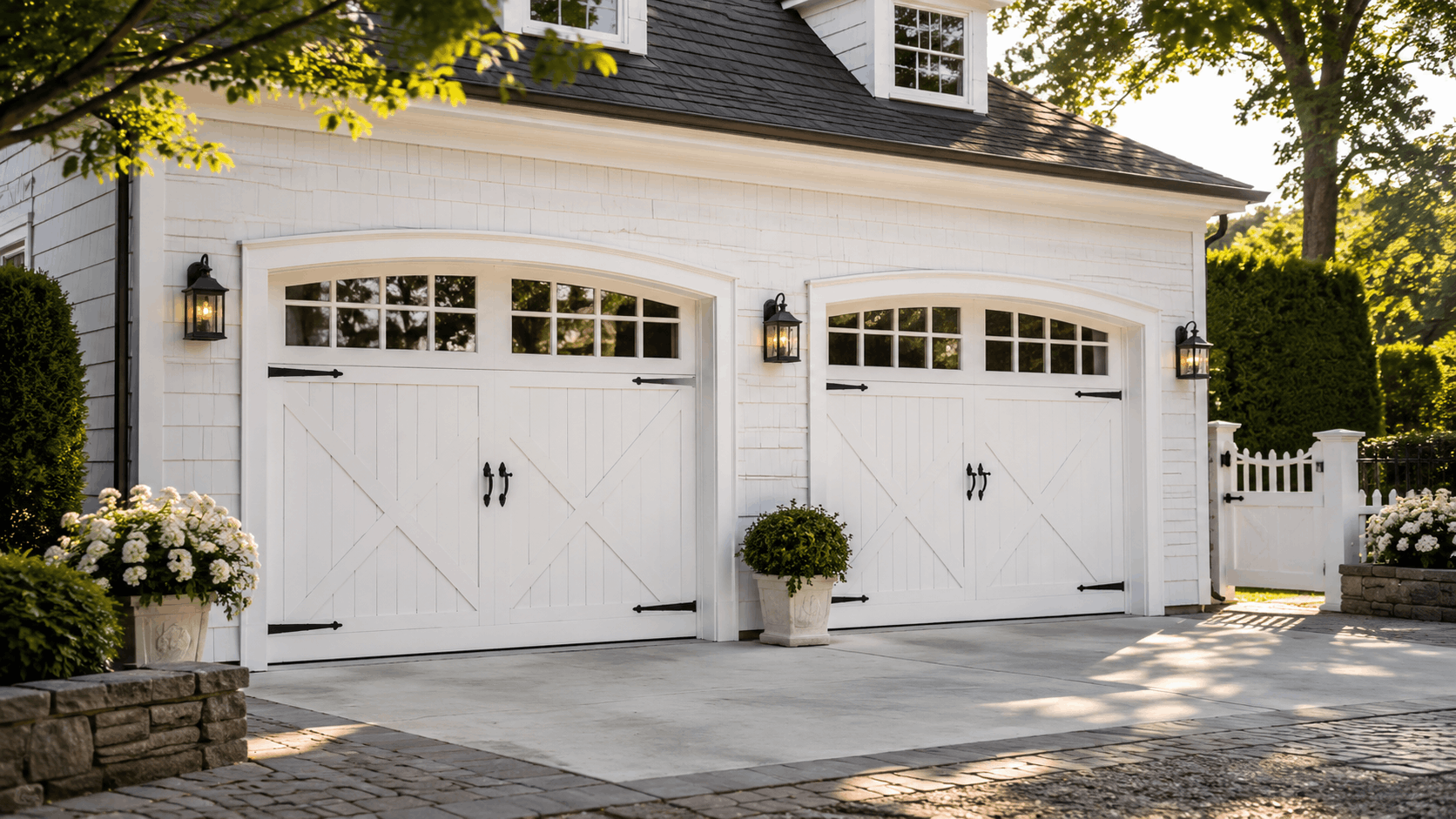 White carriage-style garage doors with black hardware on Irvine suburban home
