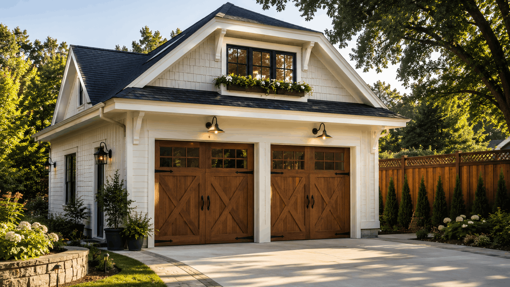 White craftsman garage with two wooden carriage-style doors and black barn lights