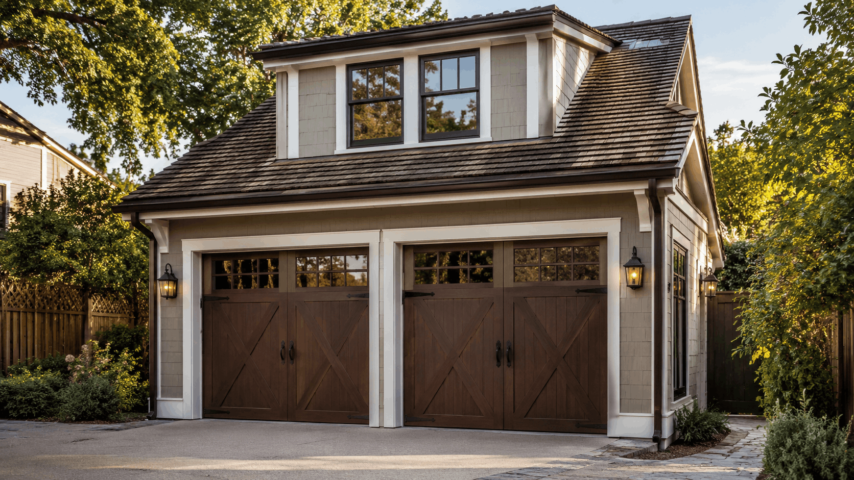 Elegant two-car garage with rustic wood doors and dormer window in Irvine