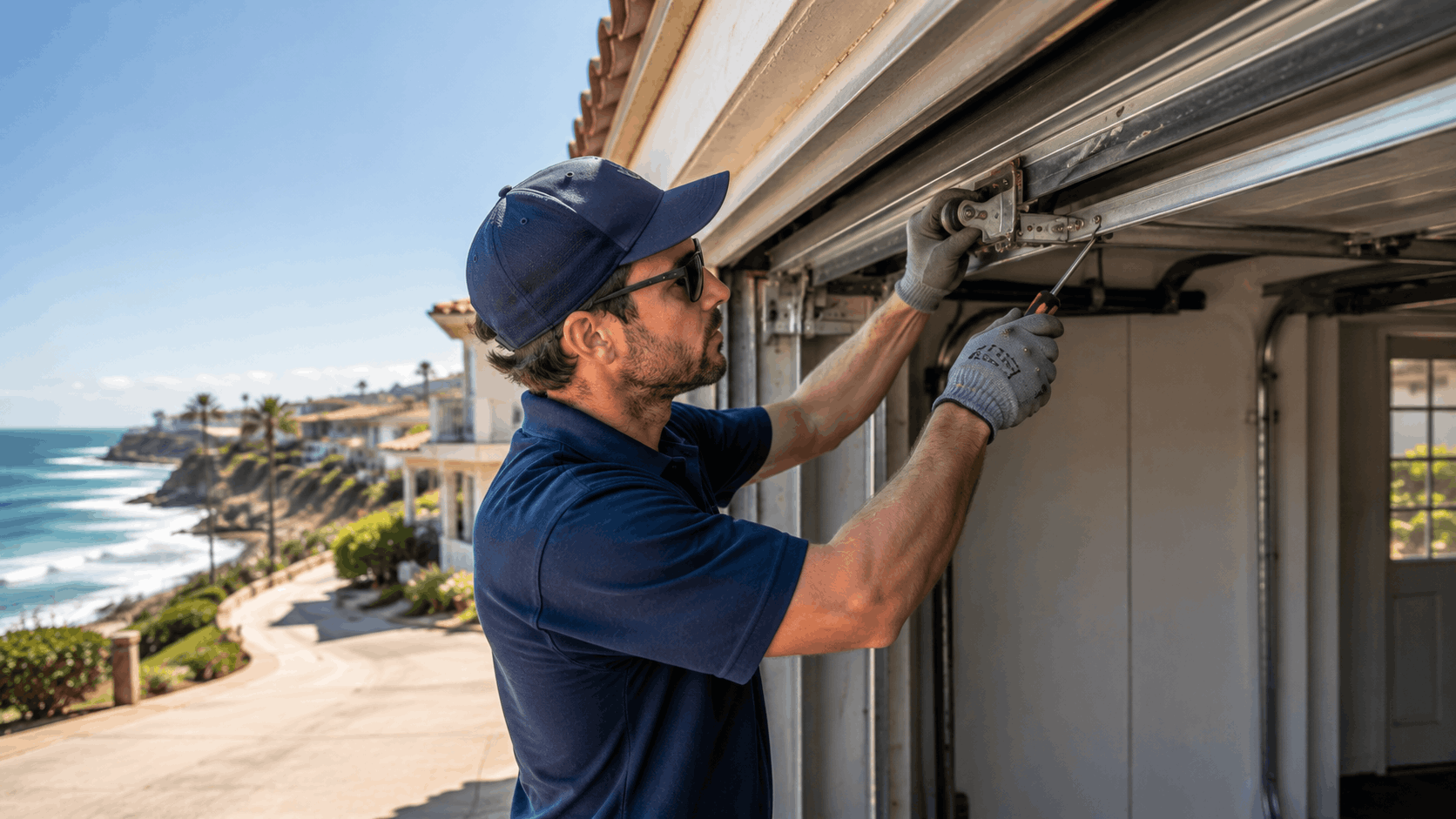 Garage door technician repairing salt-corroded coastal home hardware in sunny Talega California