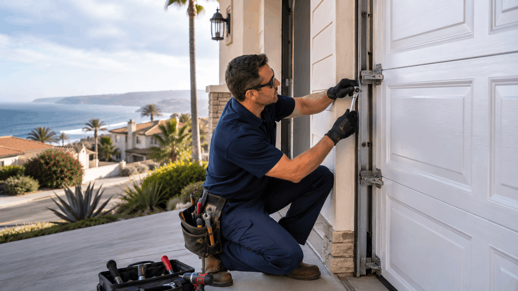 Garage door technician inspecting salt-air corroded hinges on coastal San Clemente home