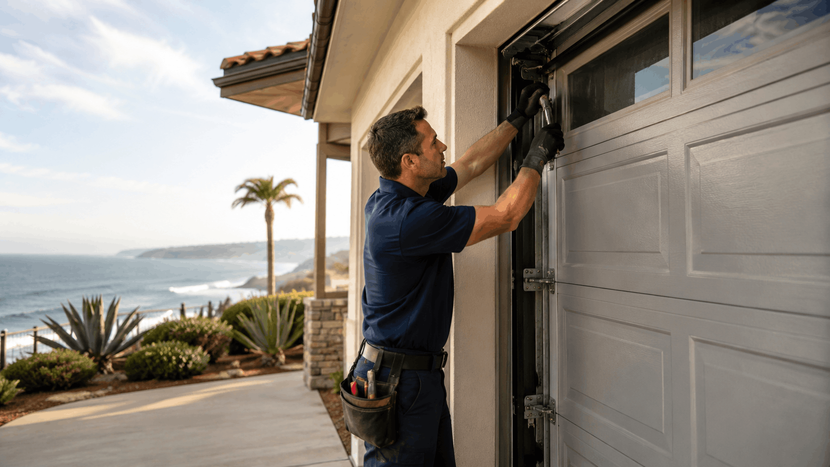 Garage door technician repairing coastal home garage door with ocean view background