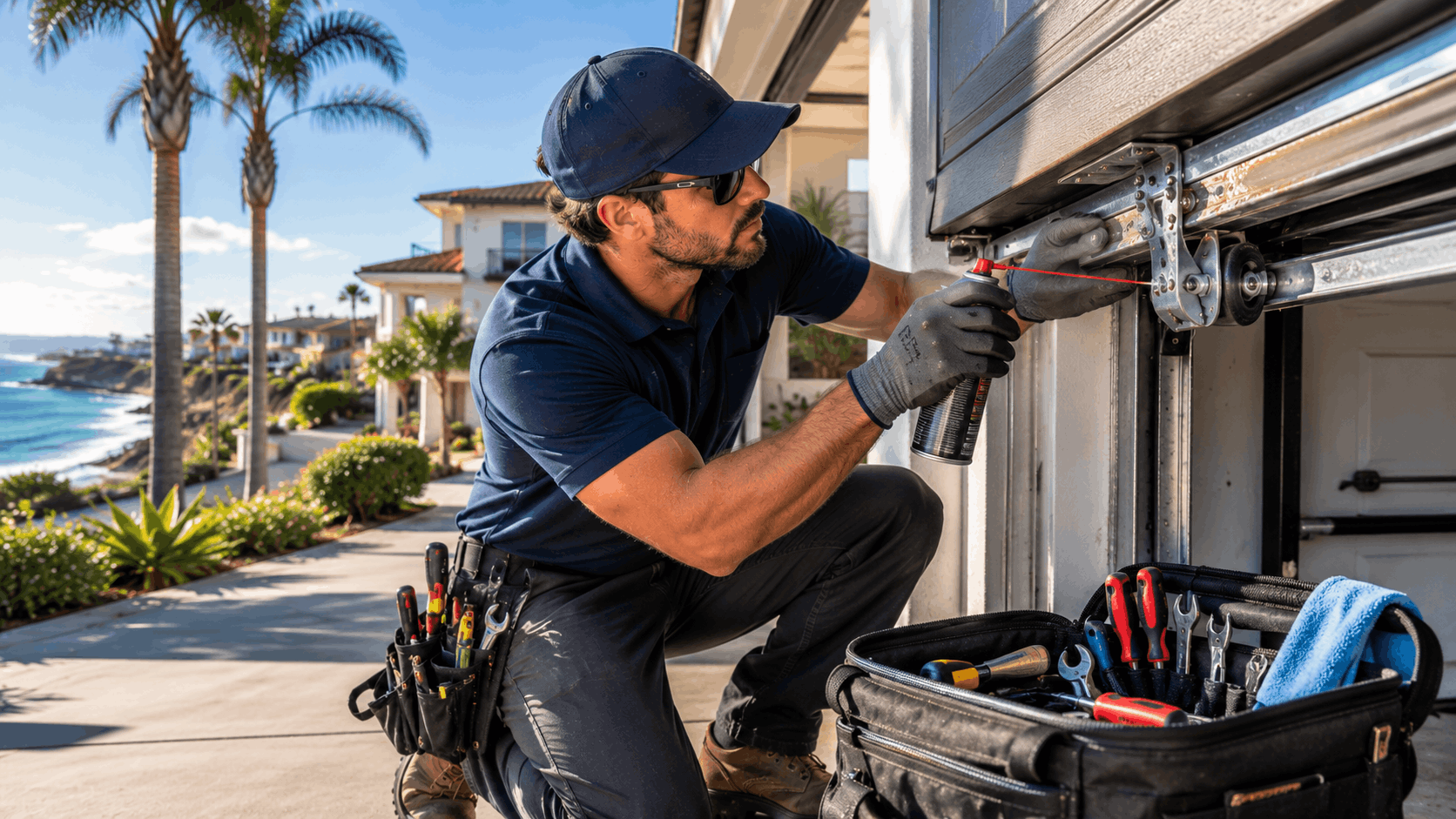 Garage door technician lubricating hinges and tracks at San Clemente coastal home