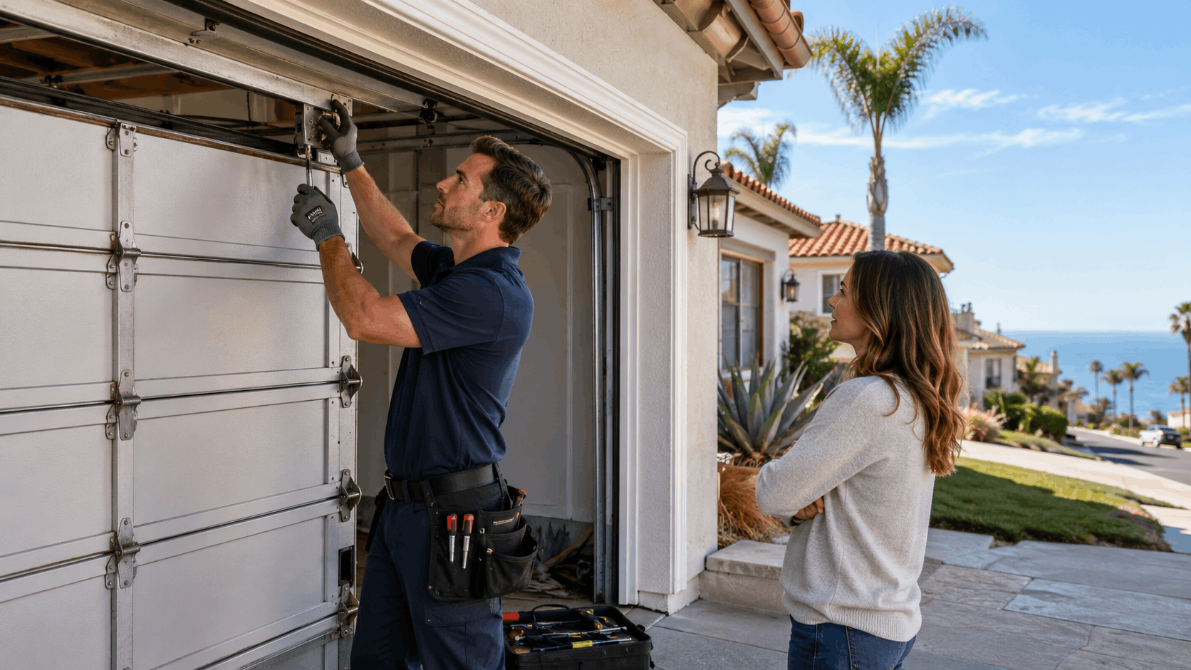 Garage door technician repairing tracks while Irvine homeowner watches nearby