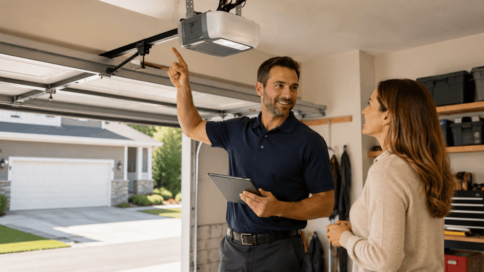 Garage door technician explaining opener unit to homeowner inside Irvine residential garage