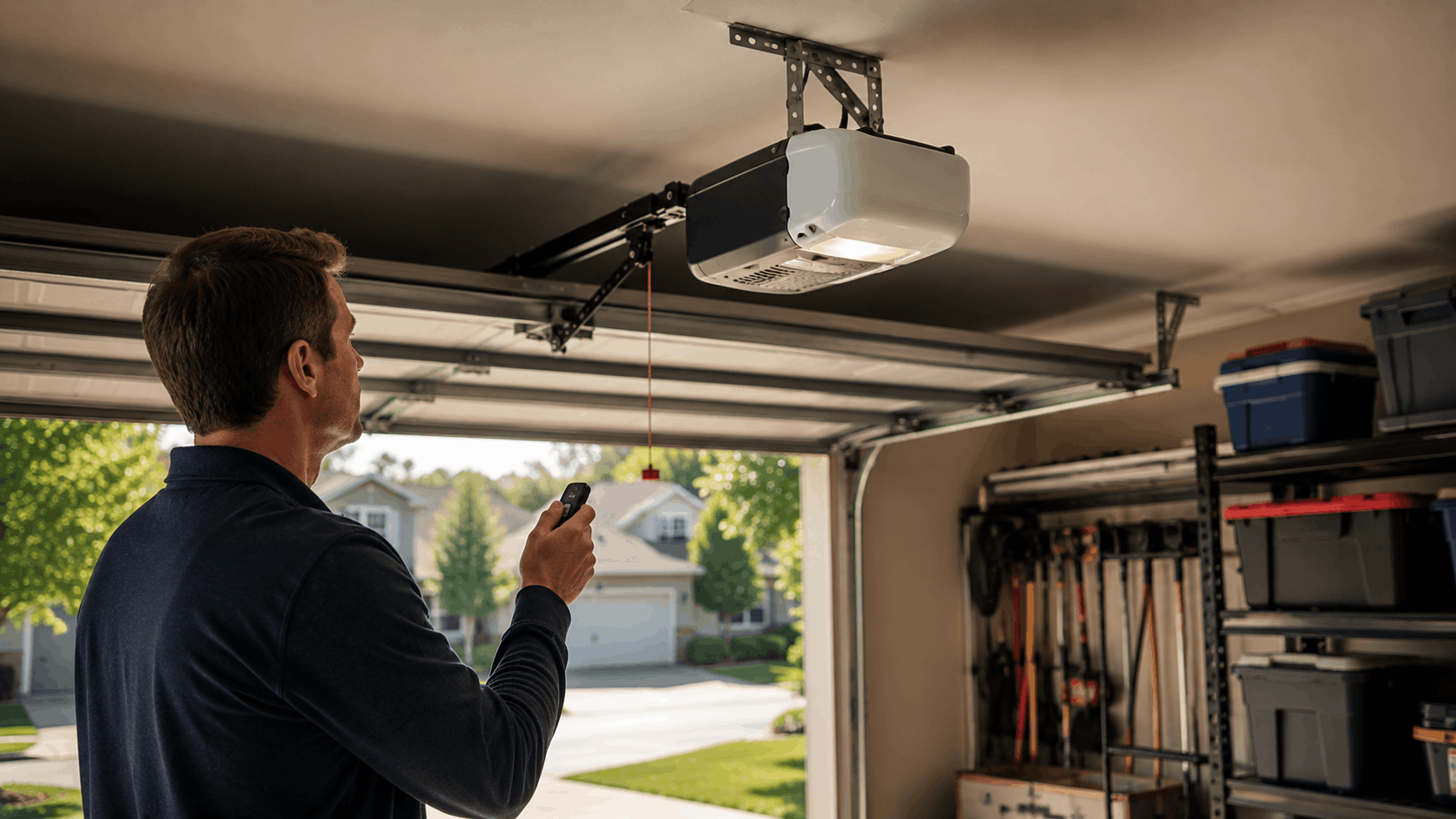 Man using remote control to operate garage door opener in Irvine suburban home garage