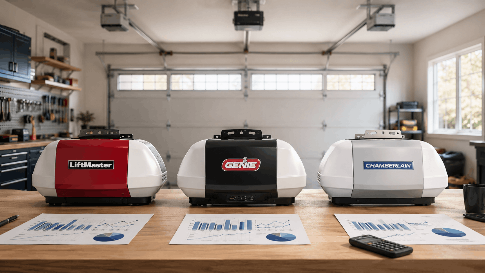 LiftMaster, Genie, and Chamberlain garage door openers compared side by side in garage