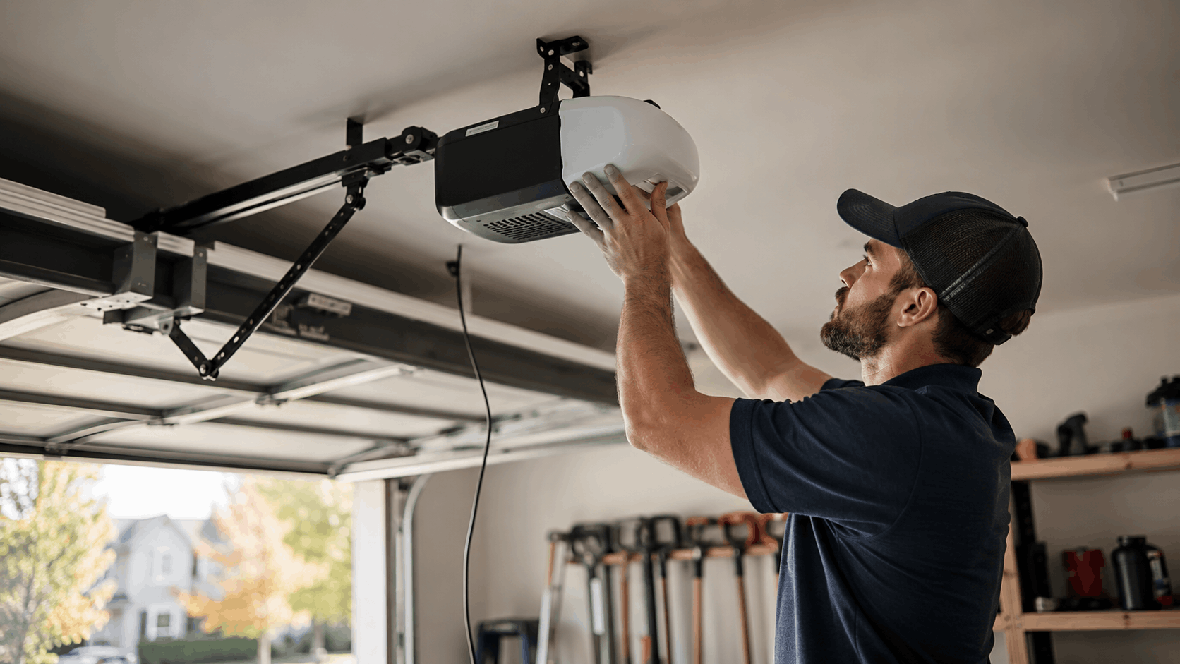 Technician installing garage door opener motor unit on ceiling in Irvine home