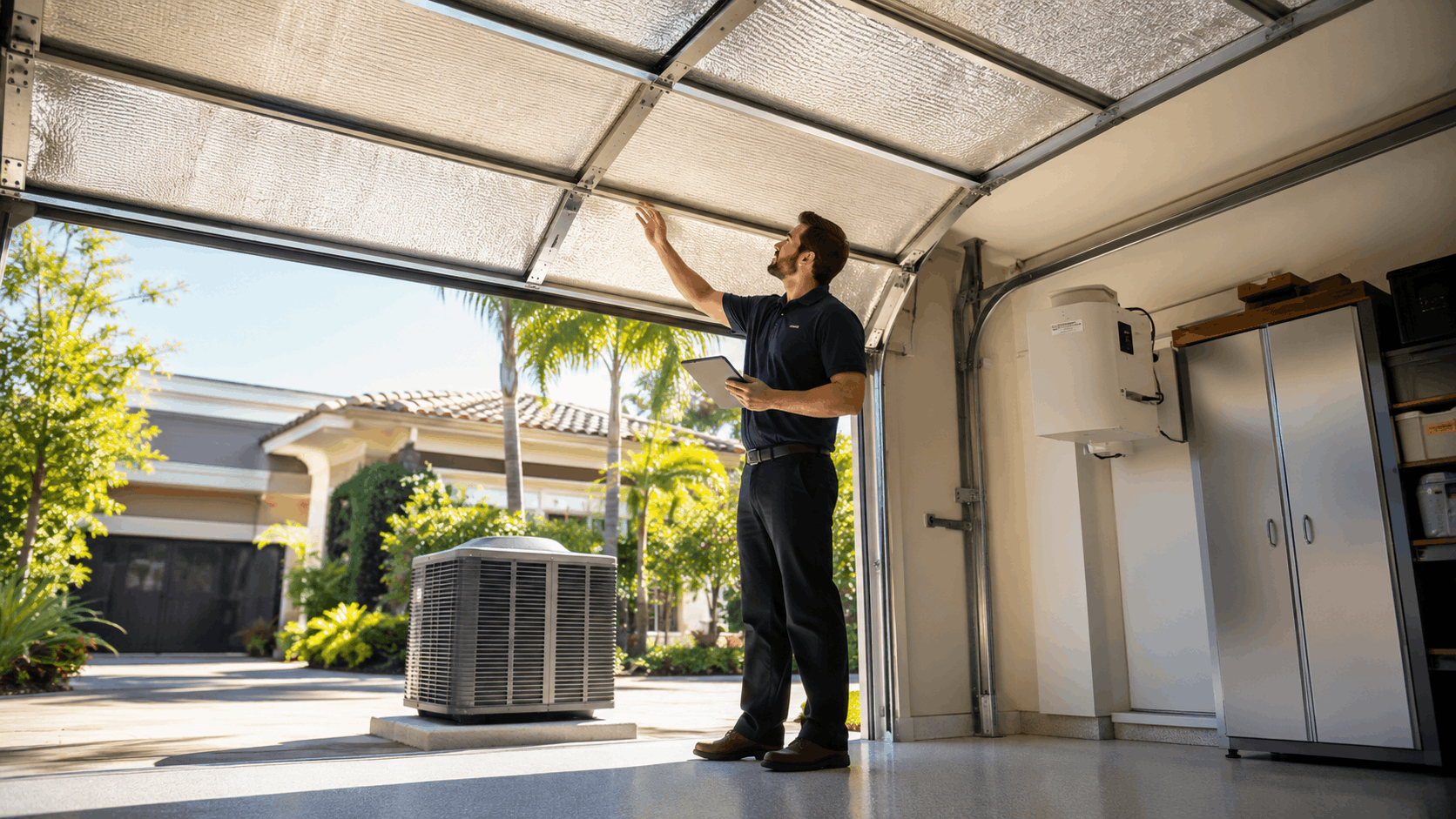 HVAC technician inspecting insulated garage door panels in Florida home with AC unit outside