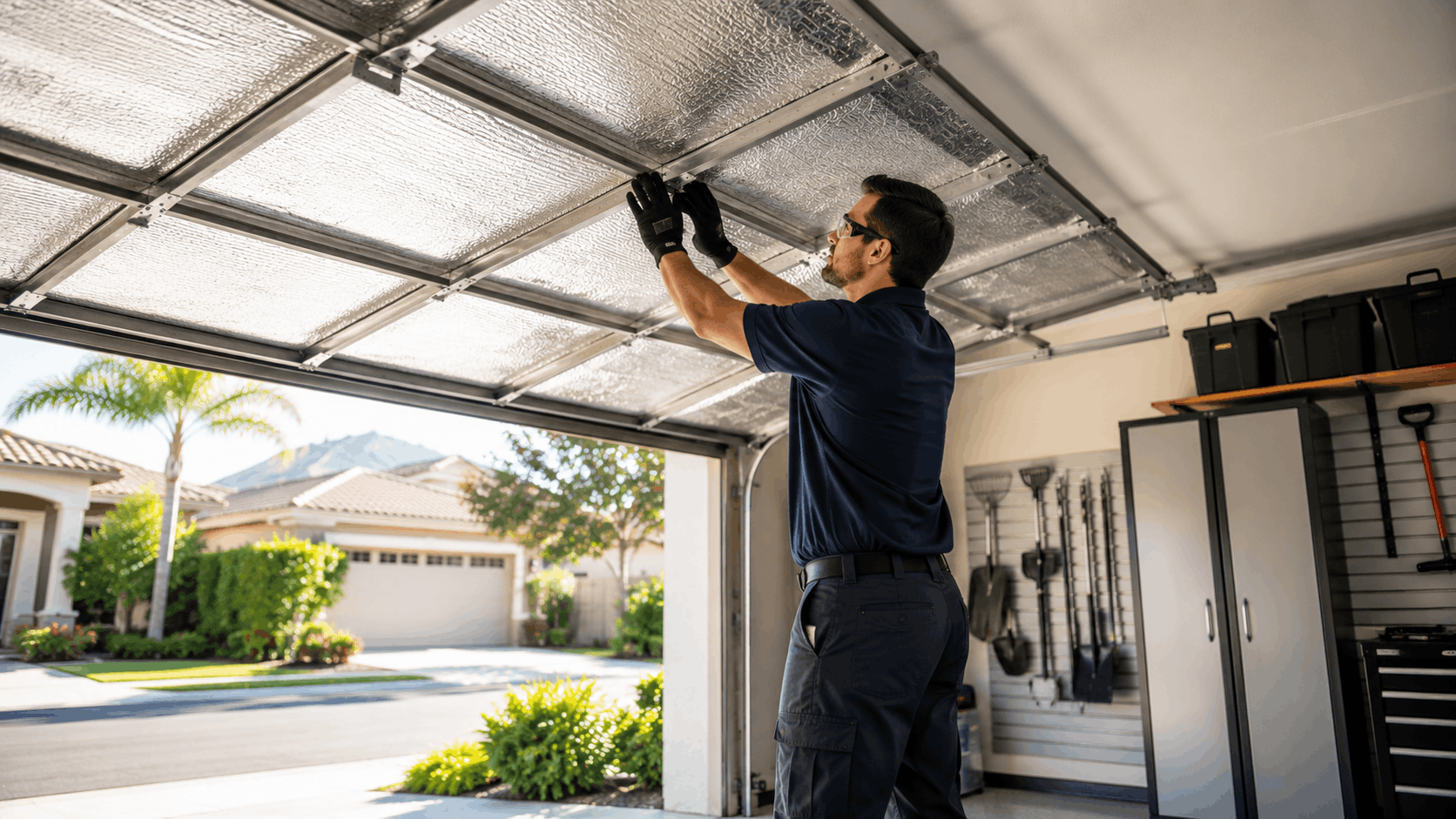 Technician installing reflective foil insulation panels on garage door in Irvine home