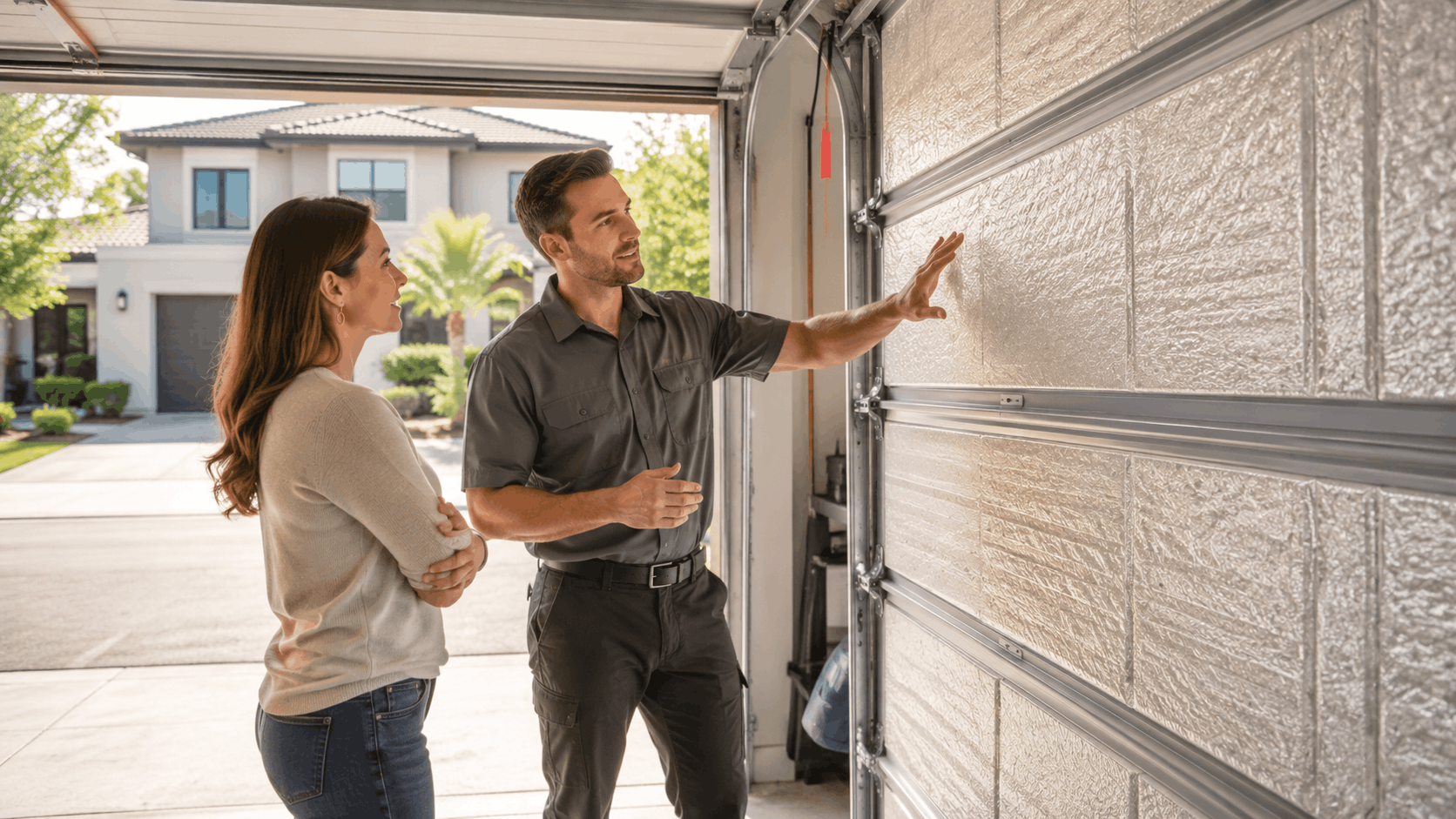 Garage door technician explaining insulation options to Irvine homeowner at open garage door